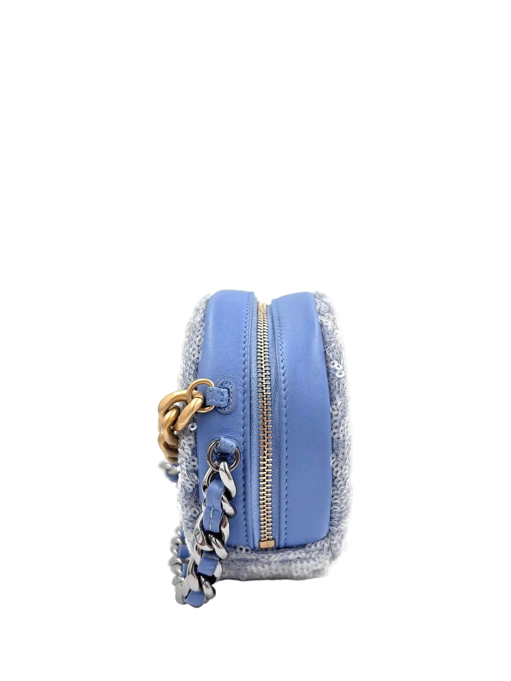 Pre-owned Chanel Periwinkle Sequin 19 Round Clutch with Chain - Authenticated