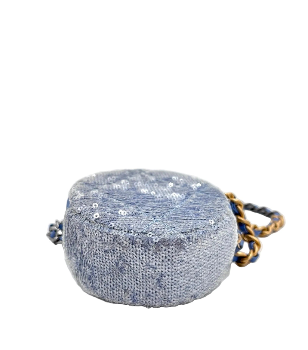 Pre-owned Chanel Periwinkle Sequin 19 Round Clutch with Chain - Authenticated