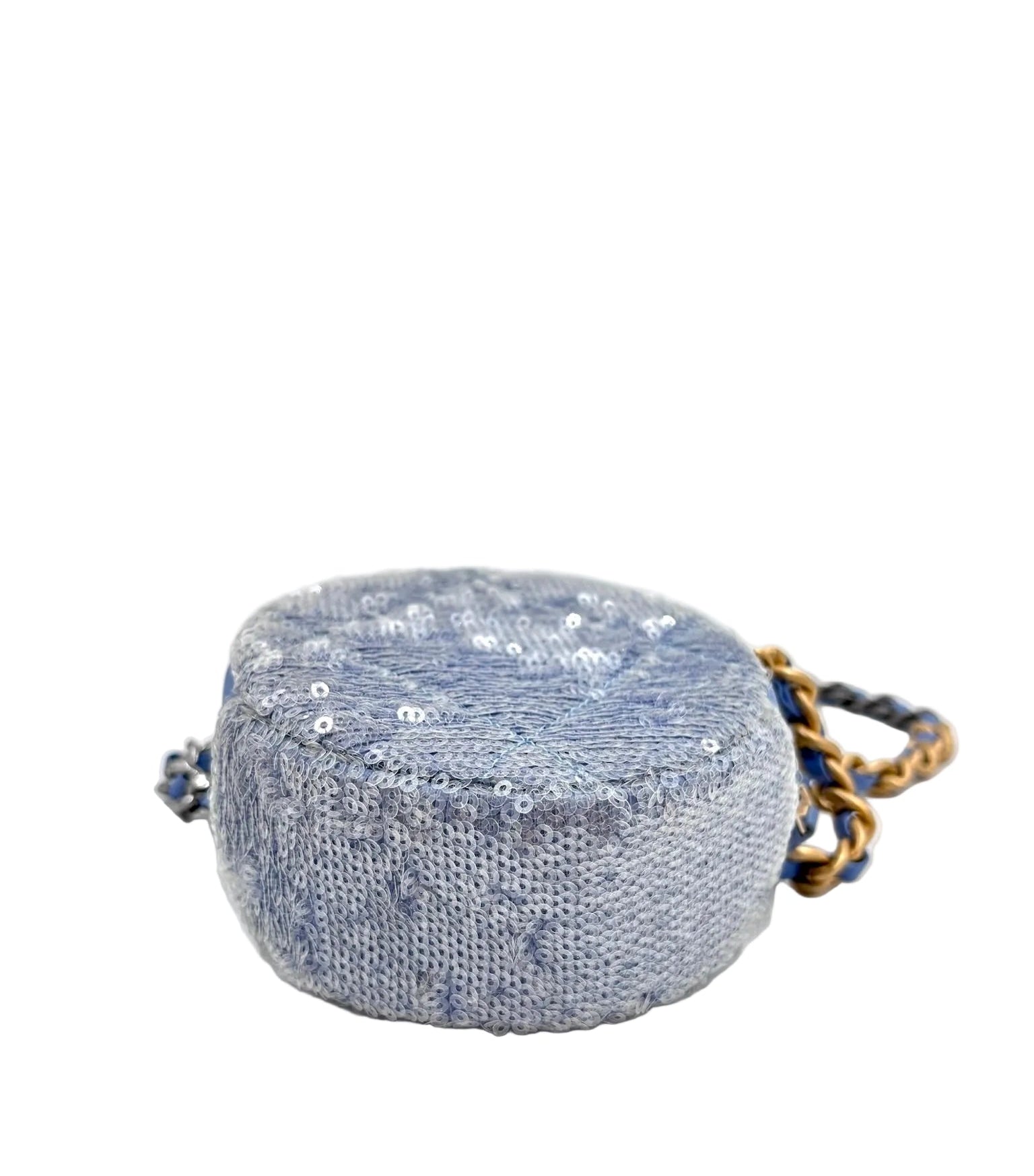 Pre-owned Chanel Periwinkle Sequin 19 Round Clutch with Chain - Authenticated