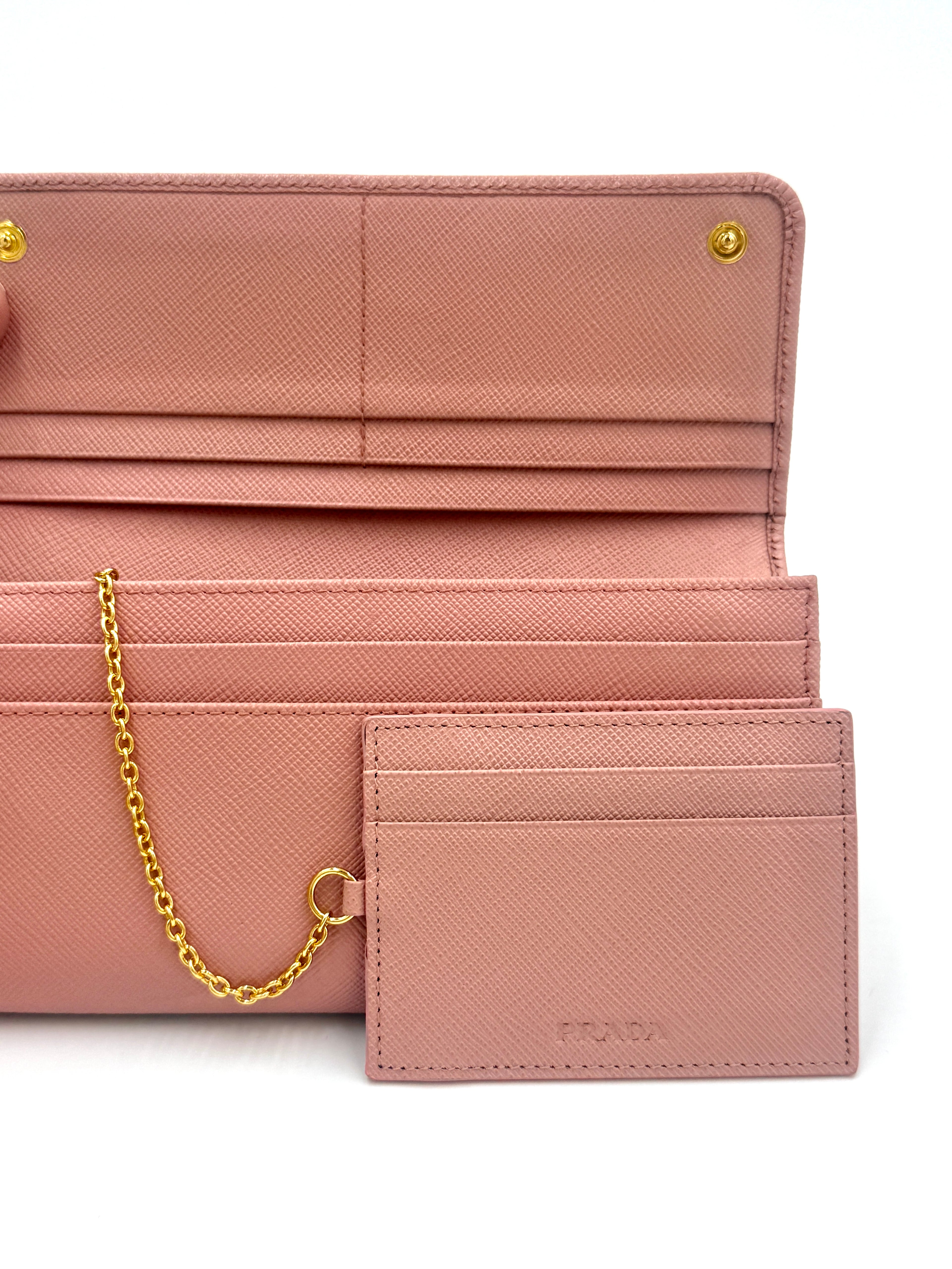 Pre-Owned Prada Pink Saffiano Leather Long Wallet (with chain) - Authenticated