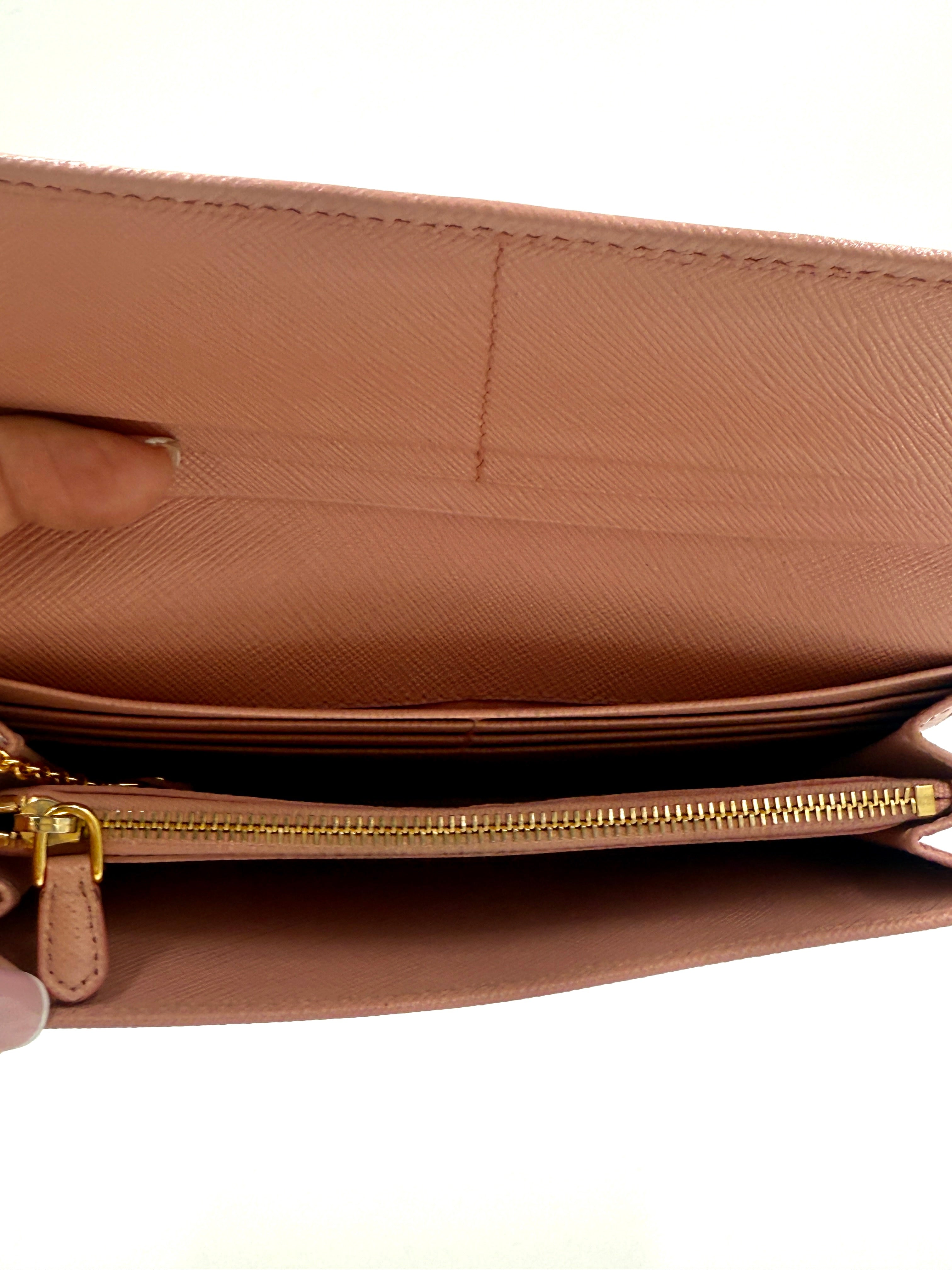 Pre-Owned Prada Pink Saffiano Leather Long Wallet (with chain) - Authenticated