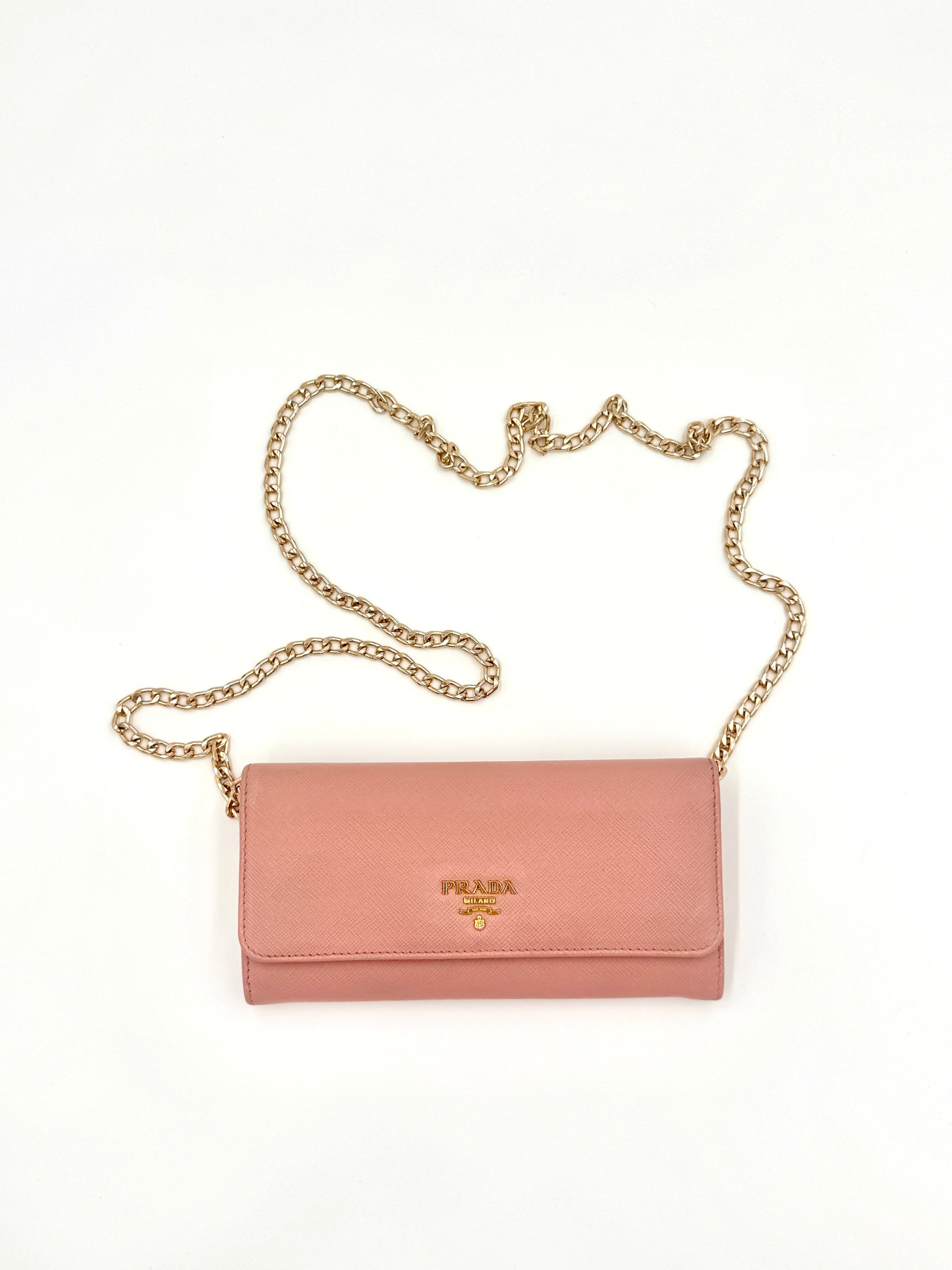 Pre-Owned Prada Pink Saffiano Leather Long Wallet (with chain) - Authenticated