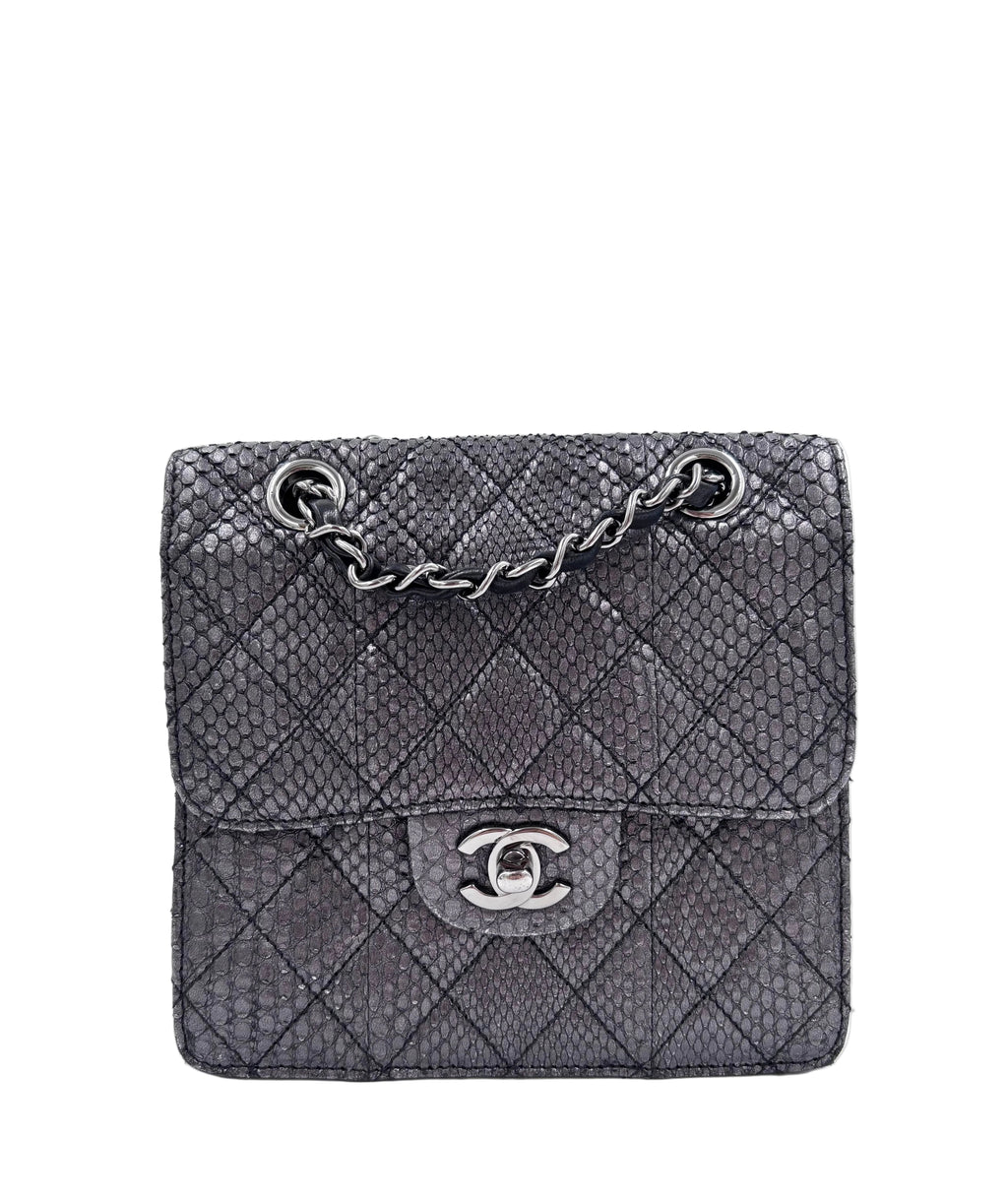 Pre-owned Chanel Small Metallic Gunmetal Snakeskin Flap Bag - Authenticated