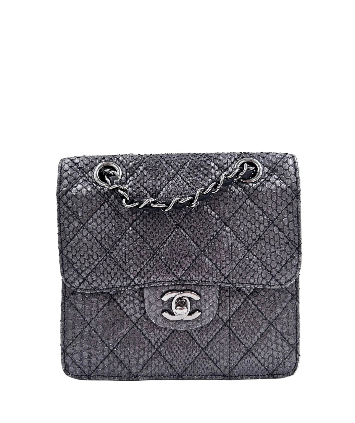 Pre-owned Chanel Small Metallic Gunmetal Snakeskin Flap Bag - Authenticated