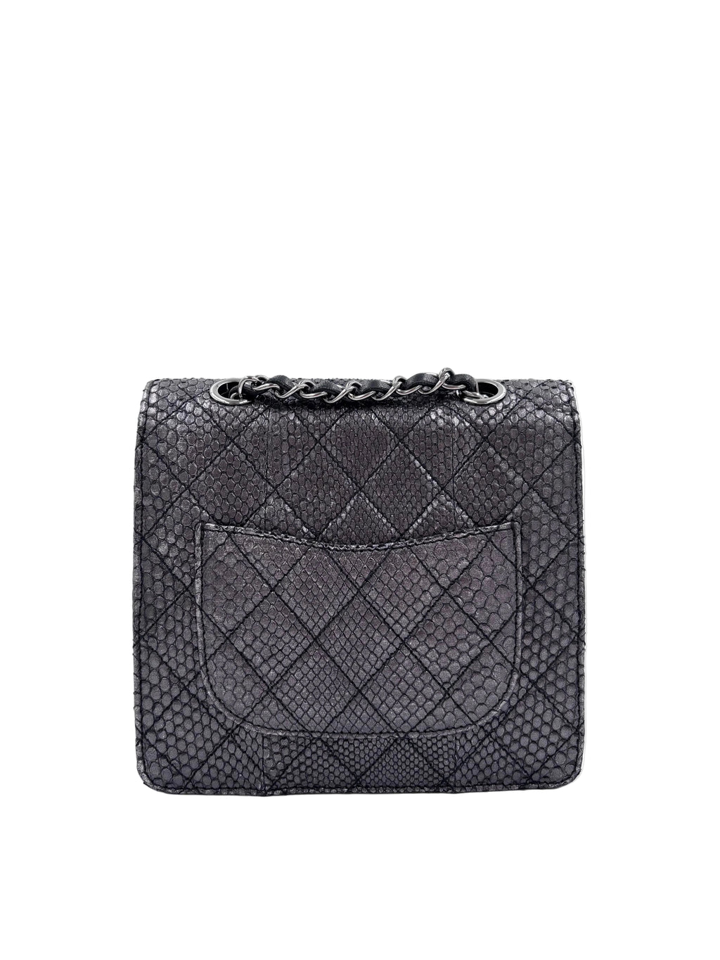 Pre-owned Chanel Small Metallic Gunmetal Snakeskin Flap Bag - Authenticated