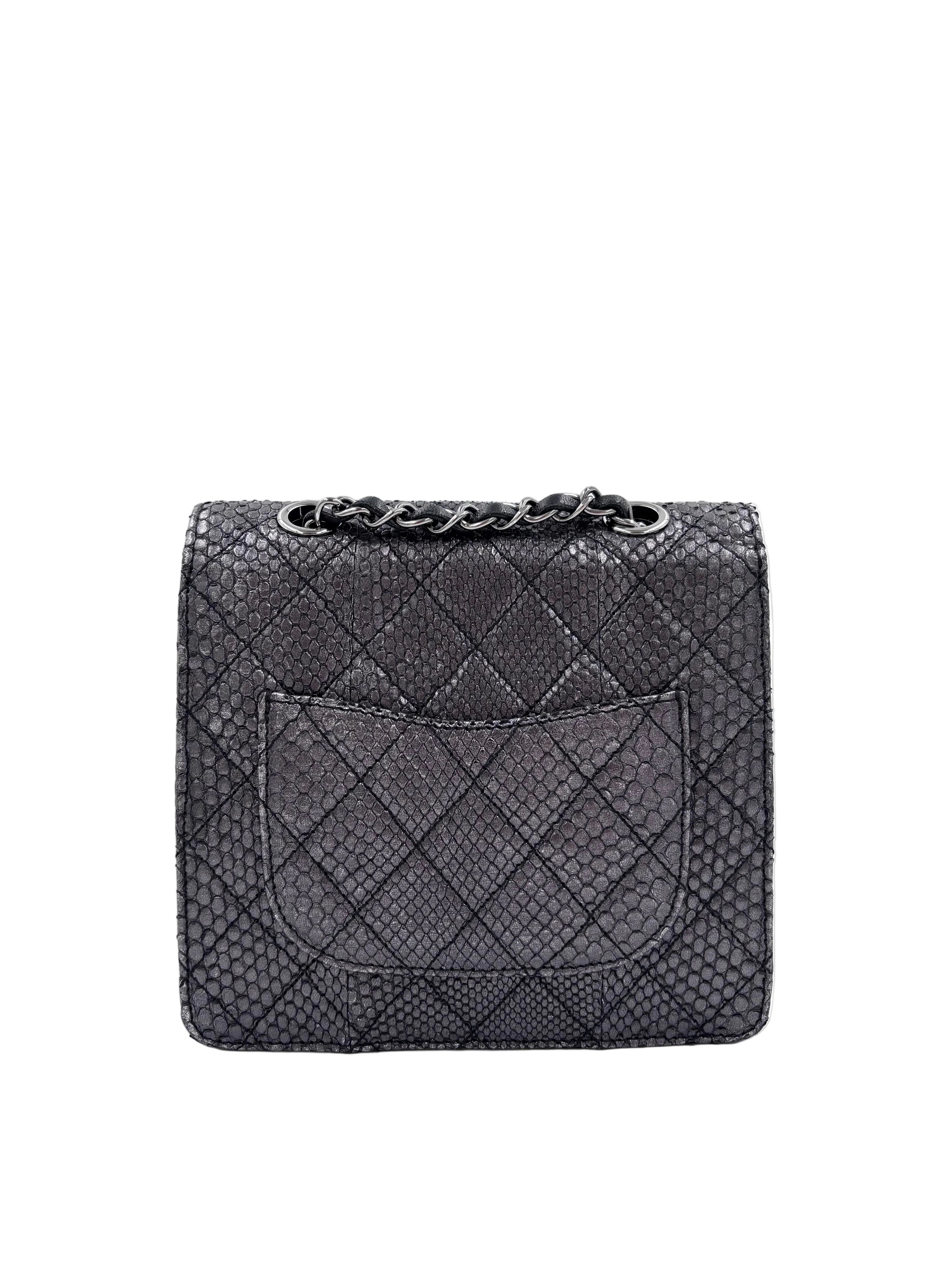 Pre-owned Chanel Small Metallic Gunmetal Snakeskin Flap Bag - Authenticated