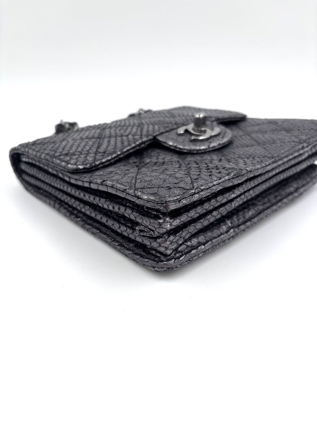 Pre-owned Chanel Small Metallic Gunmetal Snakeskin Flap Bag - Authenticated
