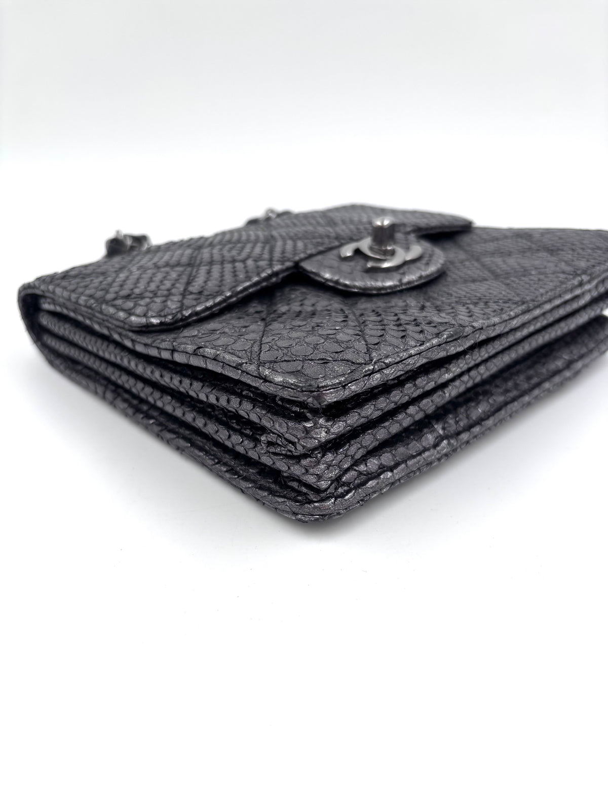 Pre-owned Chanel Small Metallic Gunmetal Snakeskin Flap Bag - Authenticated