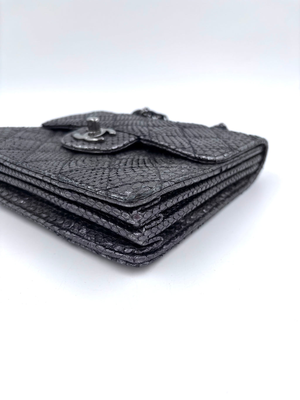 Pre-owned Chanel Small Metallic Gunmetal Snakeskin Flap Bag - Authenticated