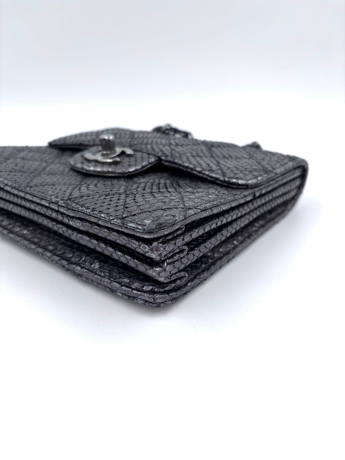 Pre-owned Chanel Small Metallic Gunmetal Snakeskin Flap Bag - Authenticated