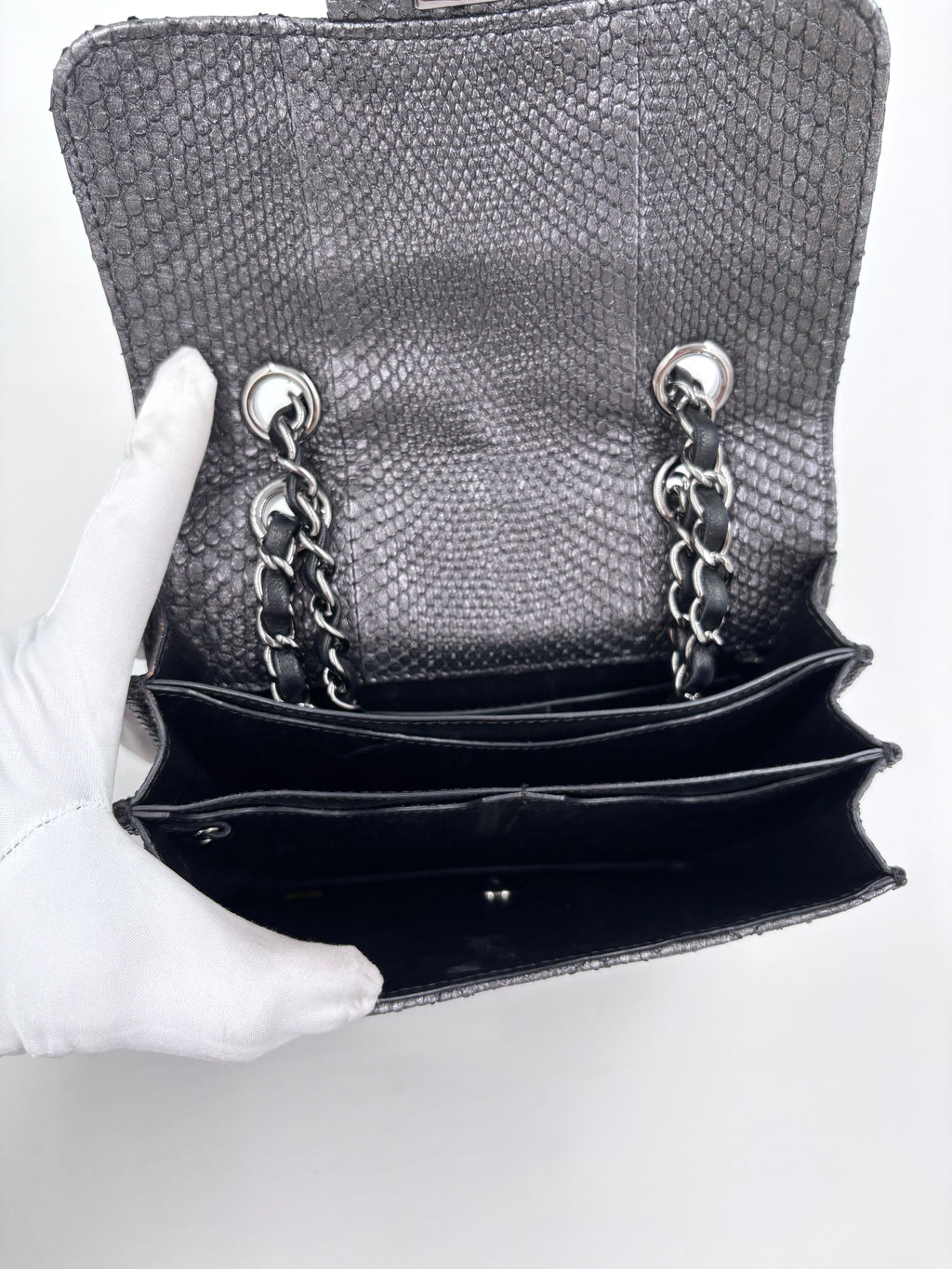 Pre-owned Chanel Small Metallic Gunmetal Snakeskin Flap Bag - Authenticated
