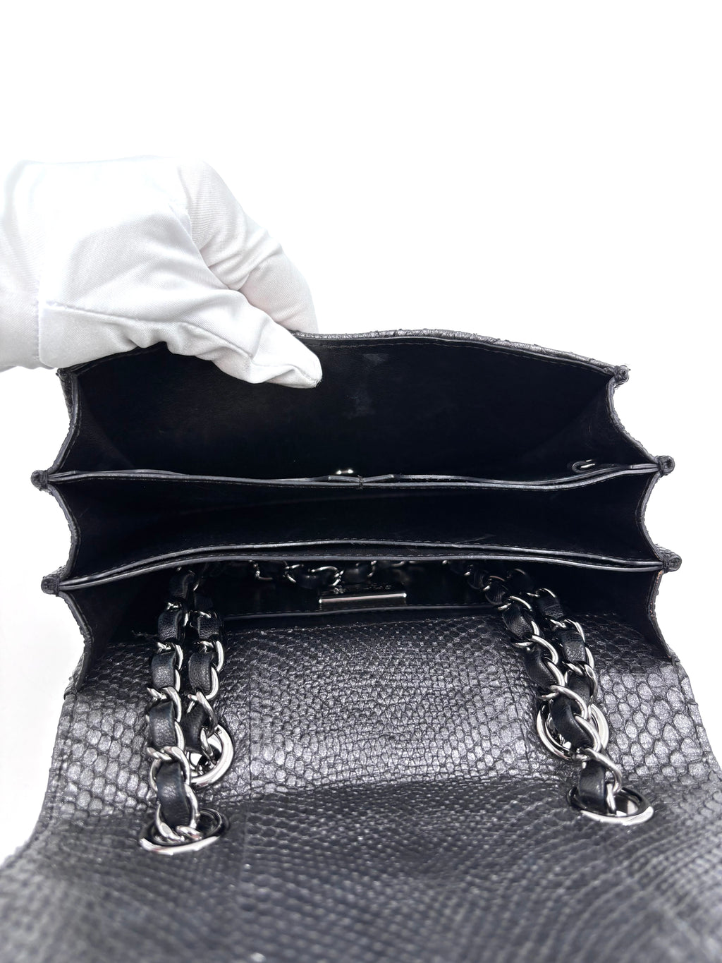 Pre-owned Chanel Small Metallic Gunmetal Snakeskin Flap Bag - Authenticated