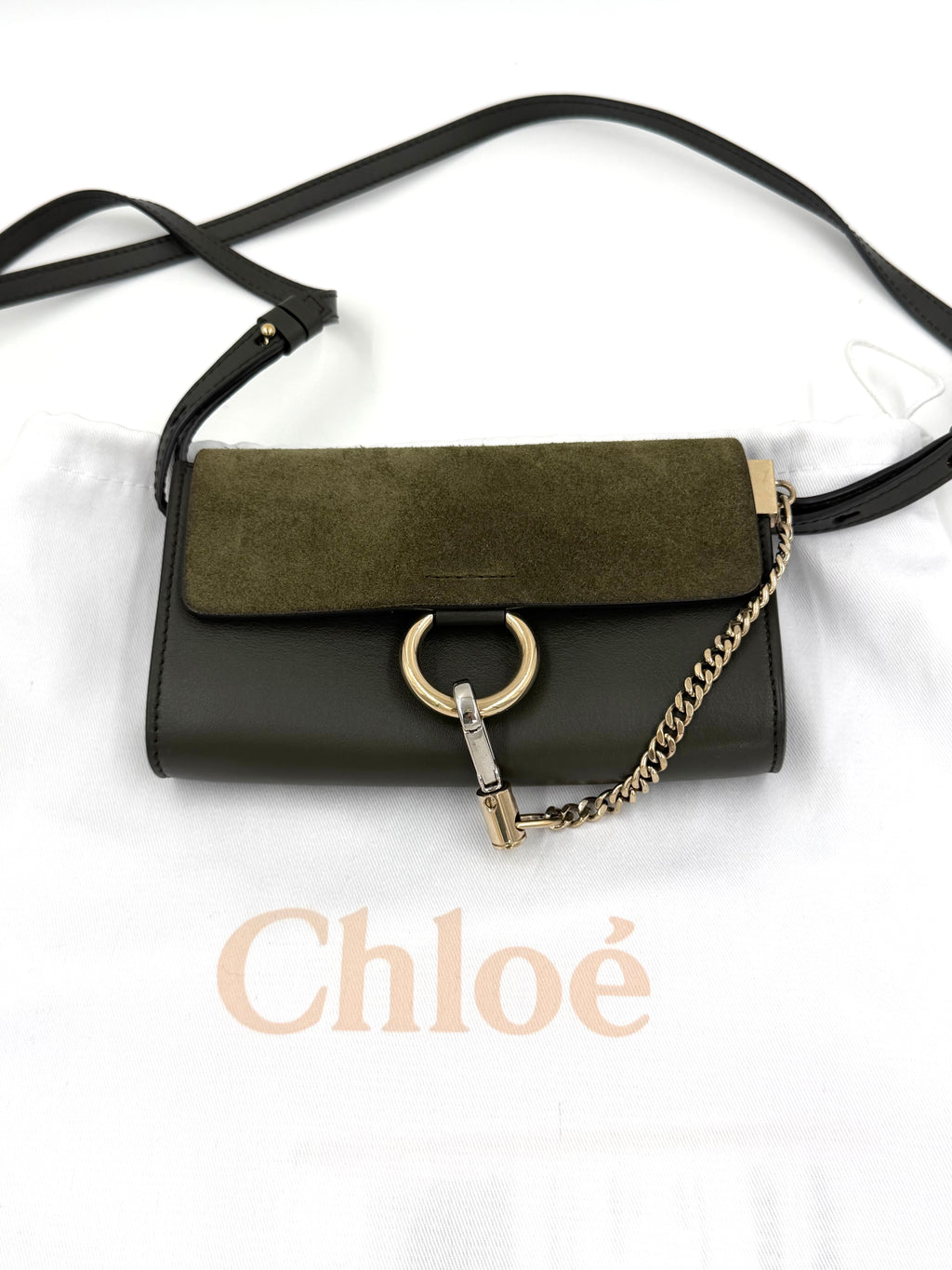 Pre-owned Chloe Faye Crossbody Wallet Olive Suede and Leather Mixed Metal Hardware - Authenticated