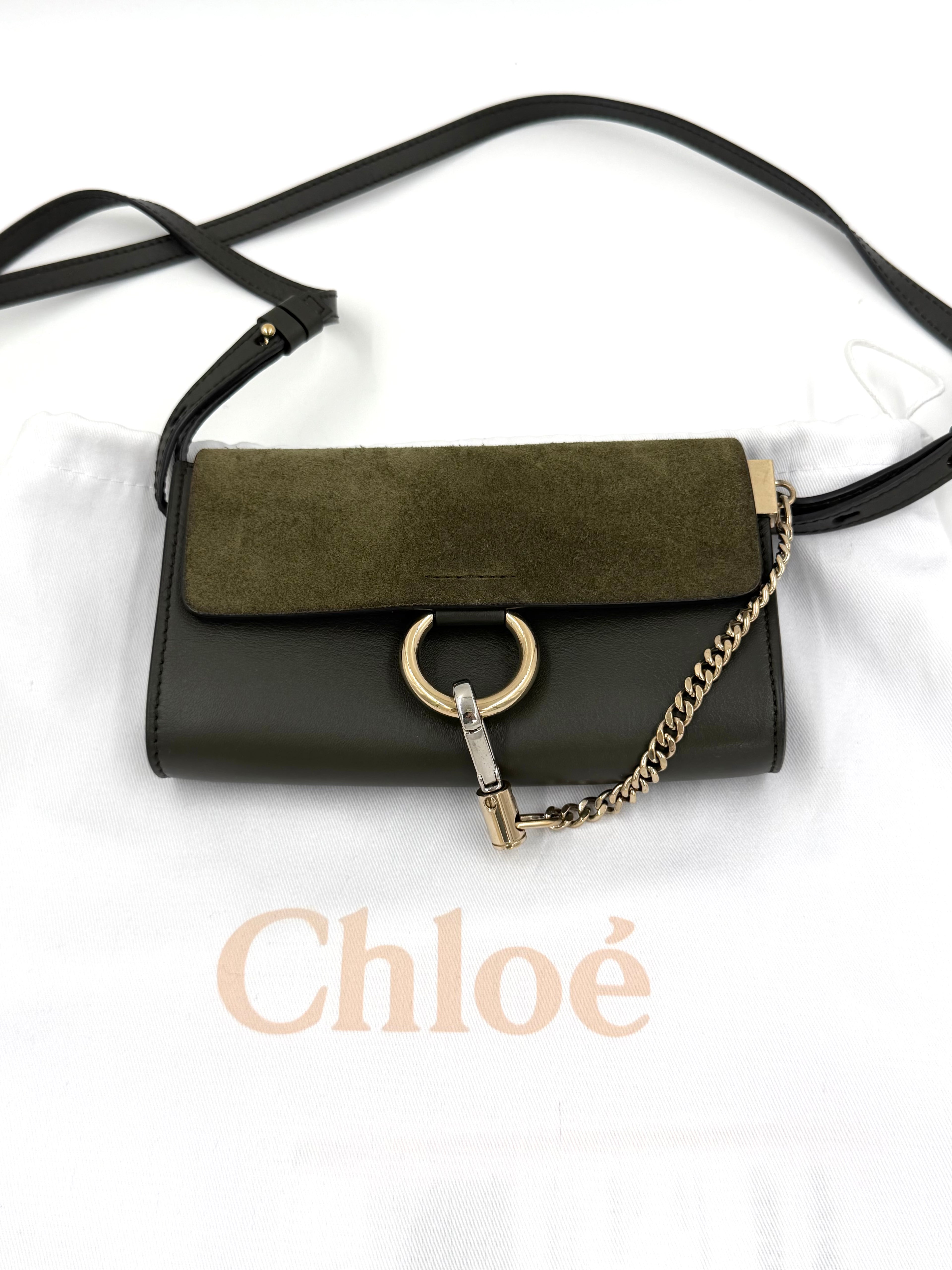 Pre-owned Chloe Faye Crossbody Wallet Olive Suede and Leather Mixed Metal Hardware - Authenticated