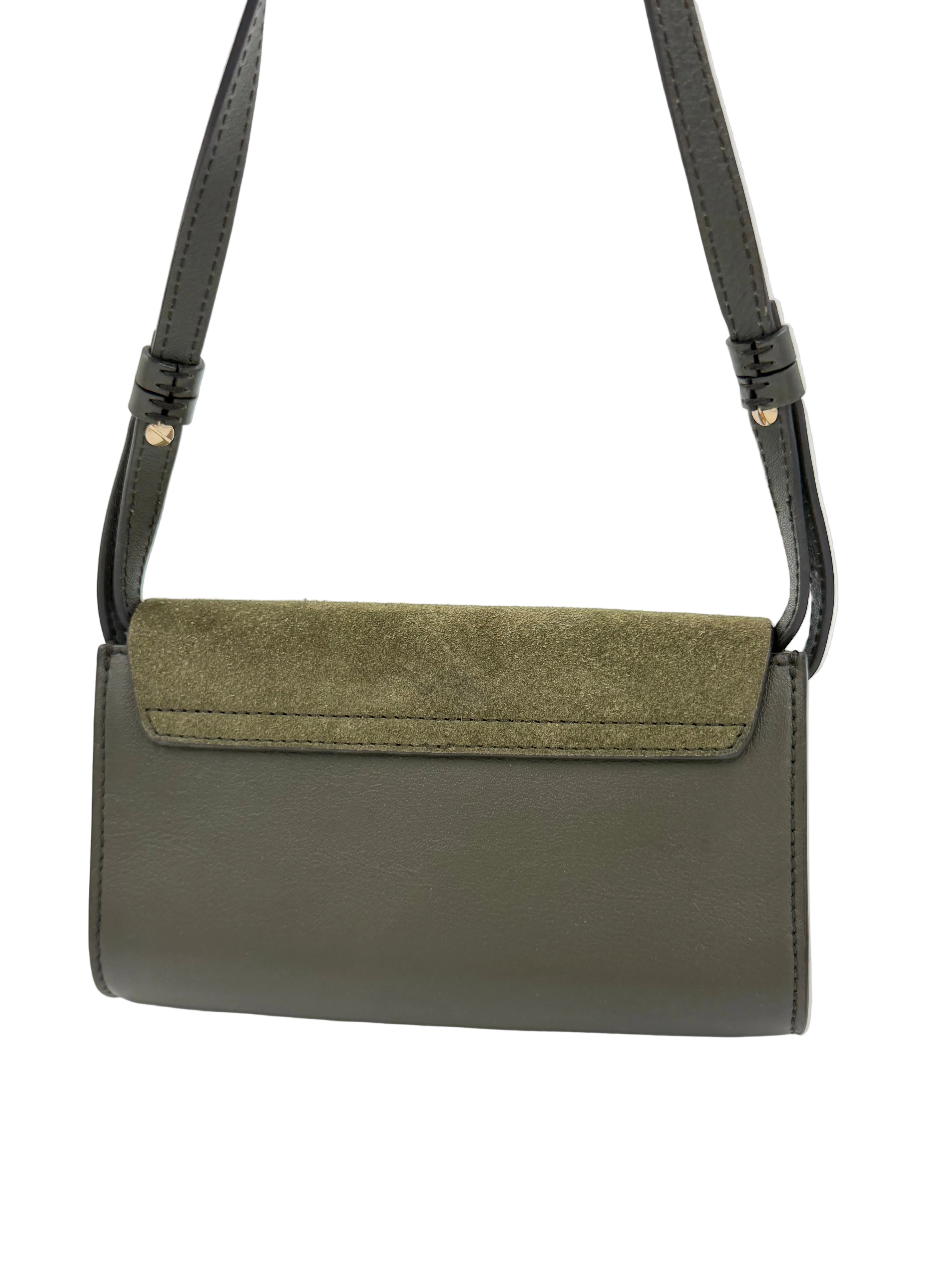 Pre-owned Chloe Faye Crossbody Wallet Olive Suede and Leather Mixed Metal Hardware - Authenticated