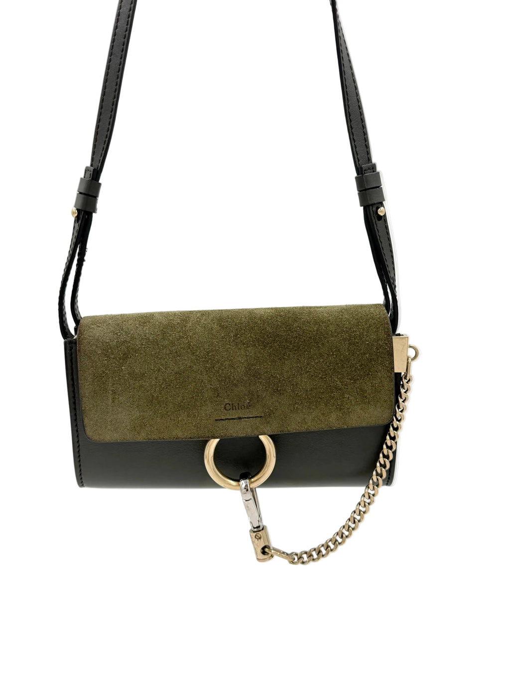 Pre-owned Chloe Faye Crossbody Wallet Olive Suede and Leather Mixed Metal Hardware - Authenticated