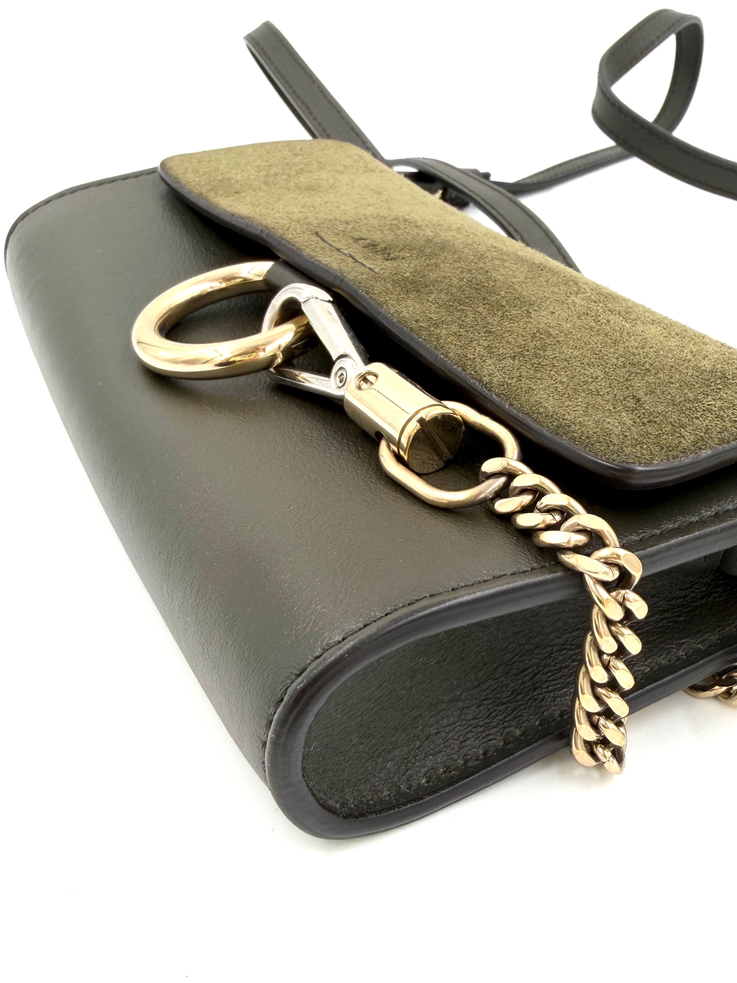 Pre-owned Chloe Faye Crossbody Wallet Olive Suede and Leather Mixed Metal Hardware - Authenticated