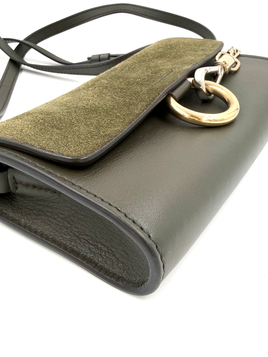 Pre-owned Chloe Faye Crossbody Wallet Olive Suede and Leather Mixed Metal Hardware - Authenticated