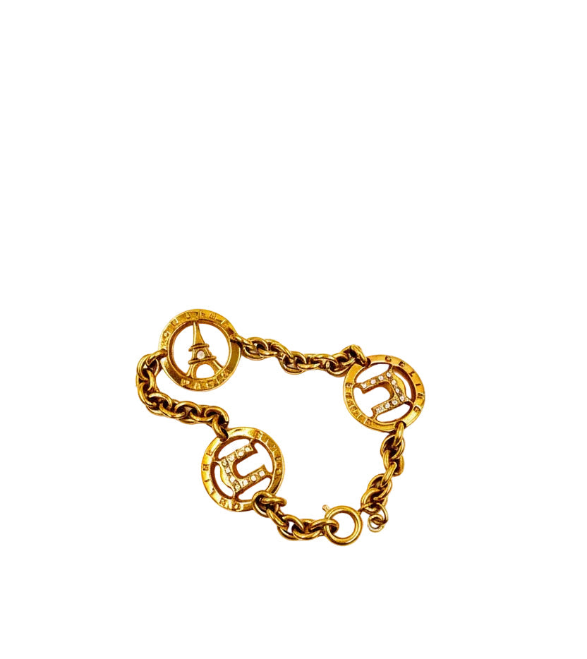 Pre-owned Celine Gold-tone Triomphe and Eiffel Tower Charm Bracelet