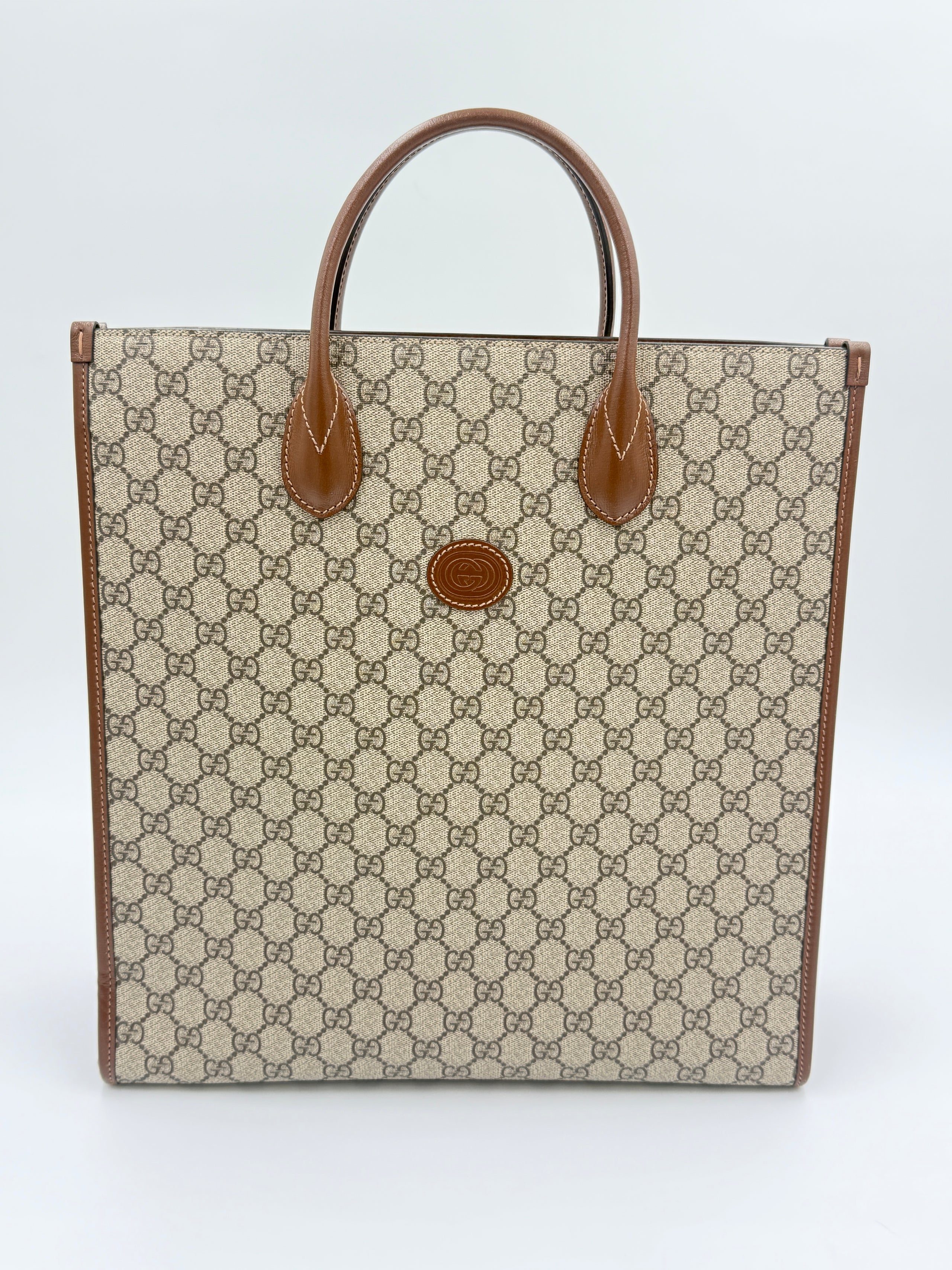 Pre-Owned GUCCI Brown GG Supreme Canvas Interlocking GG Tote Medium - Authenticated