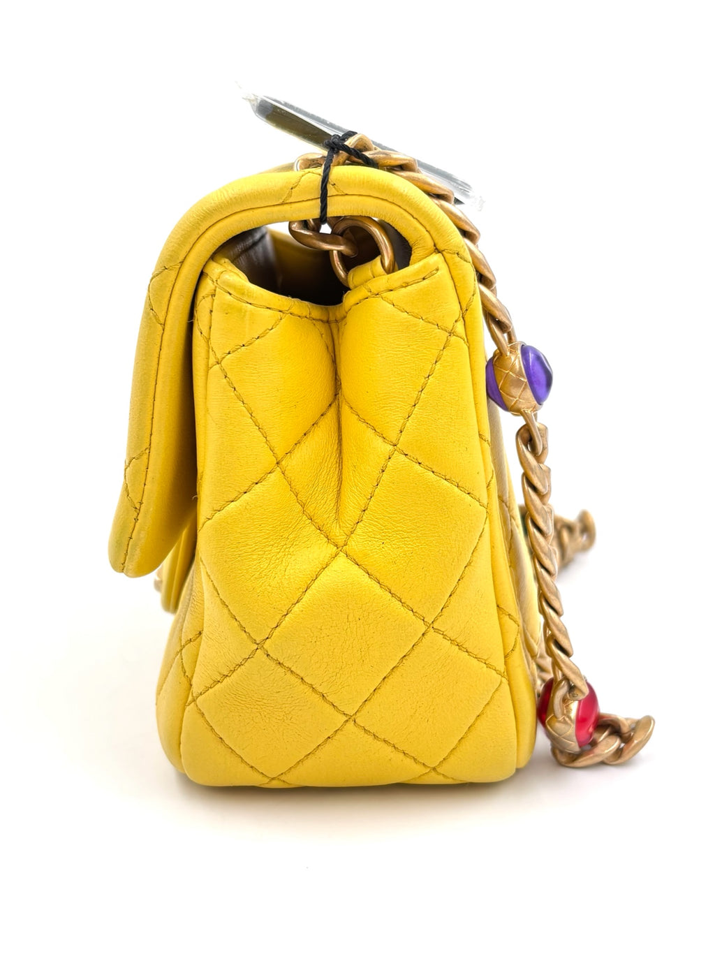 Pre-owned Chanel Yellow Leather Matelassé Handbag with Gem-Toned Charm Chain - Authenticated