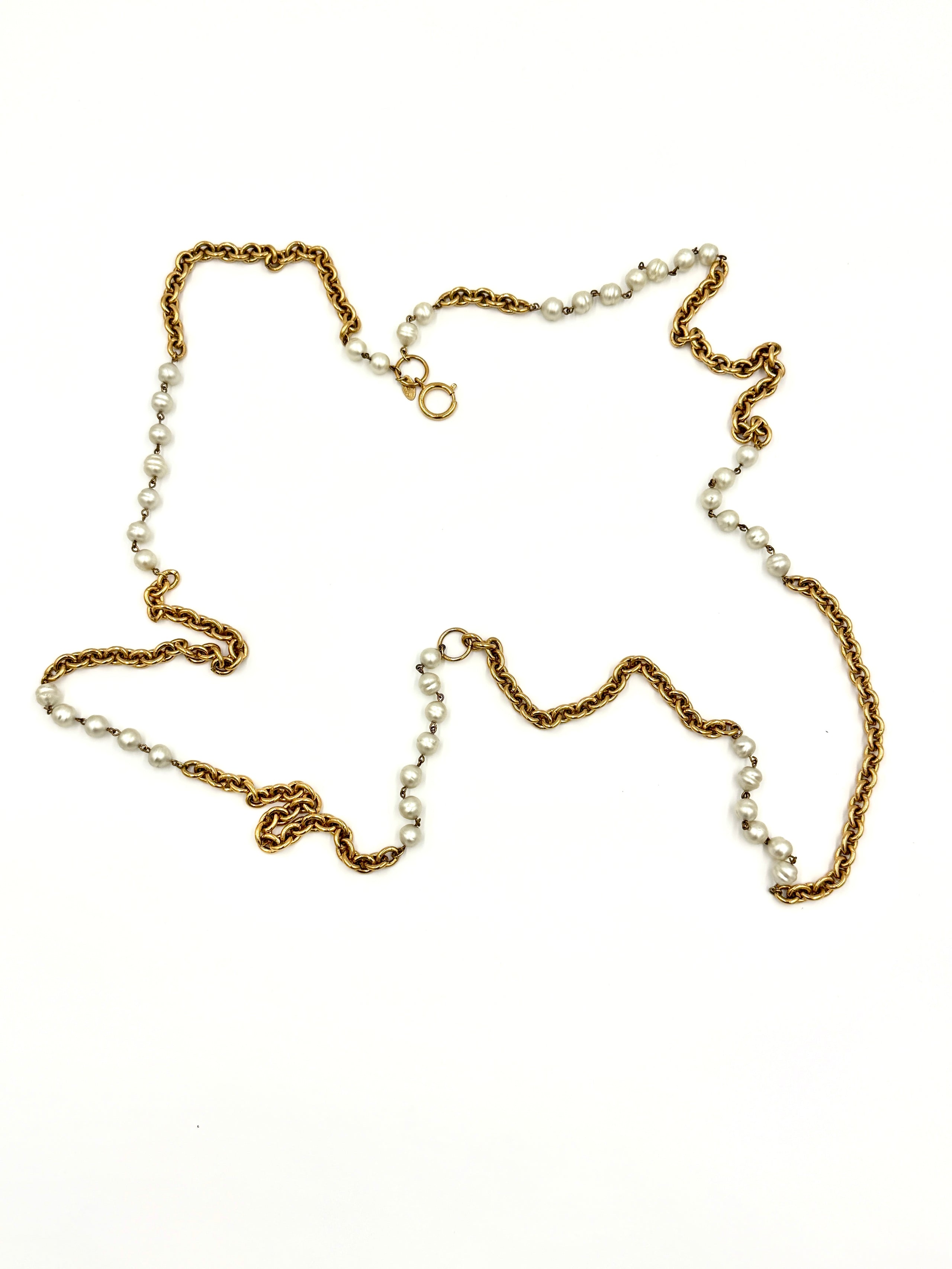 Pre-Owned Chanel Vintage Pearl and Gold Extra Long Chain Necklace - Authenticated