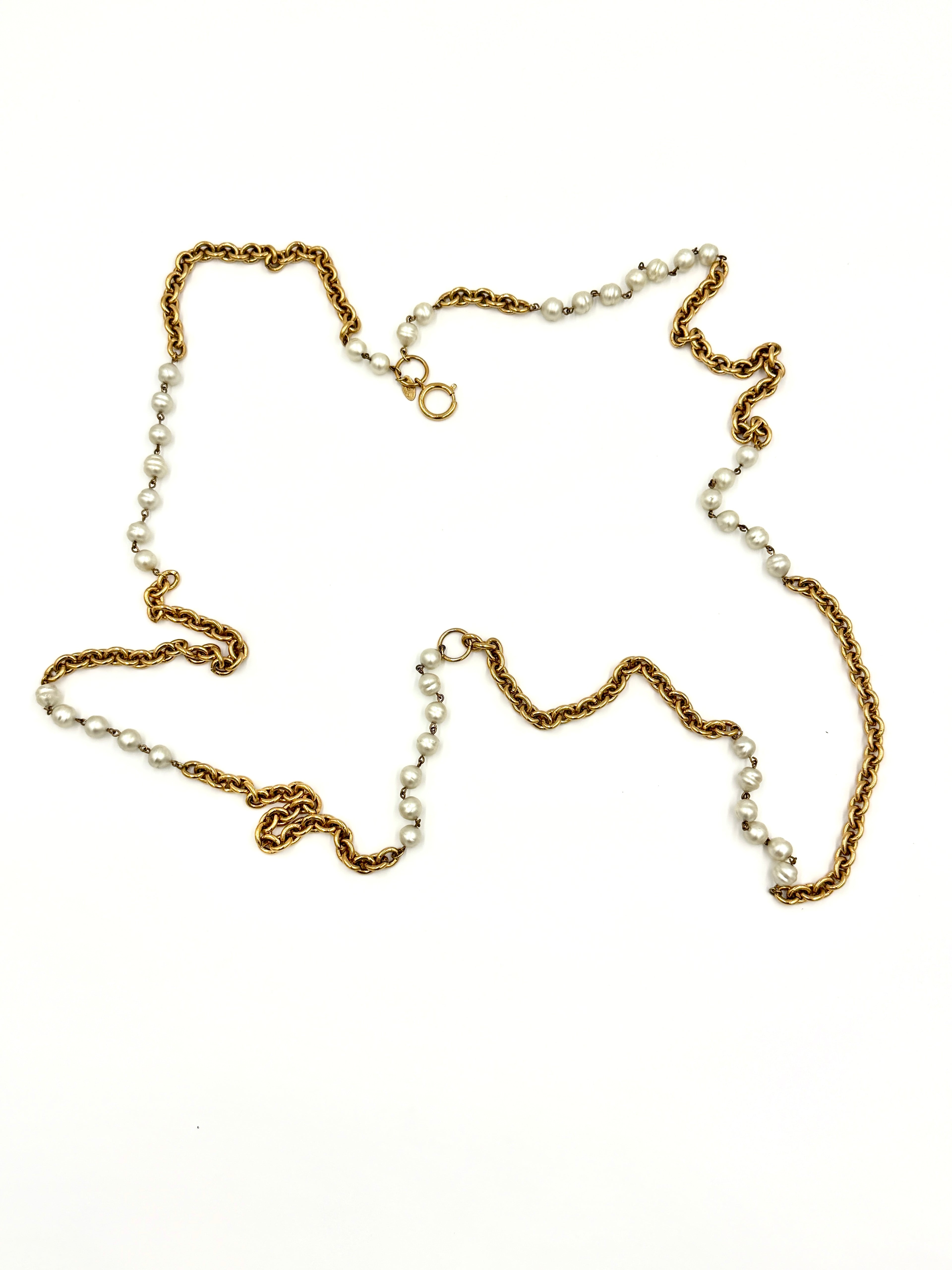 Pre-Owned Chanel Vintage Pearl and Gold Extra Long Chain Necklace - Authenticated