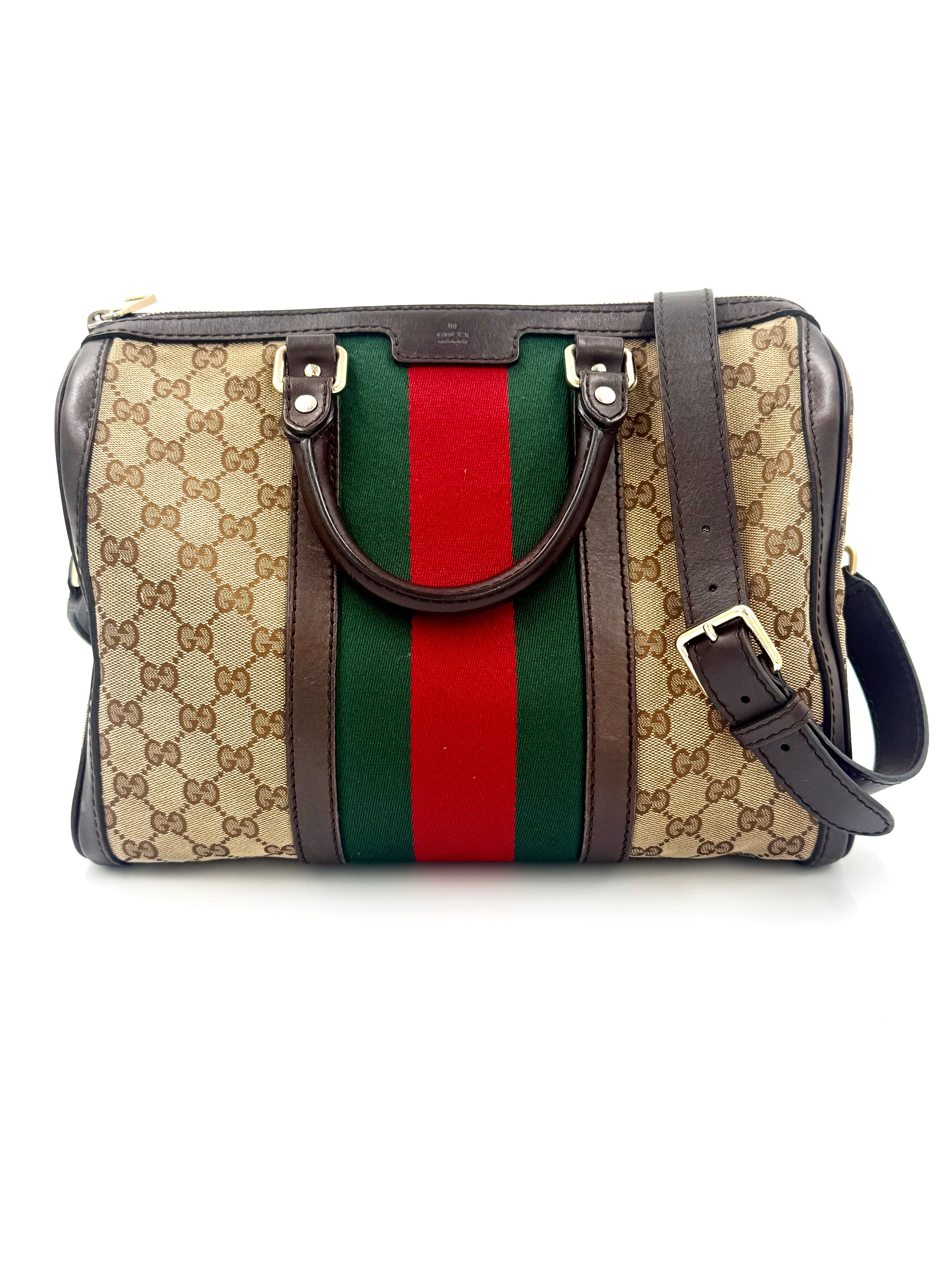 Pre-Owned Gucci Brown/Beige GG Canvas Medium Vintage Web Boston Bag - Authenticated