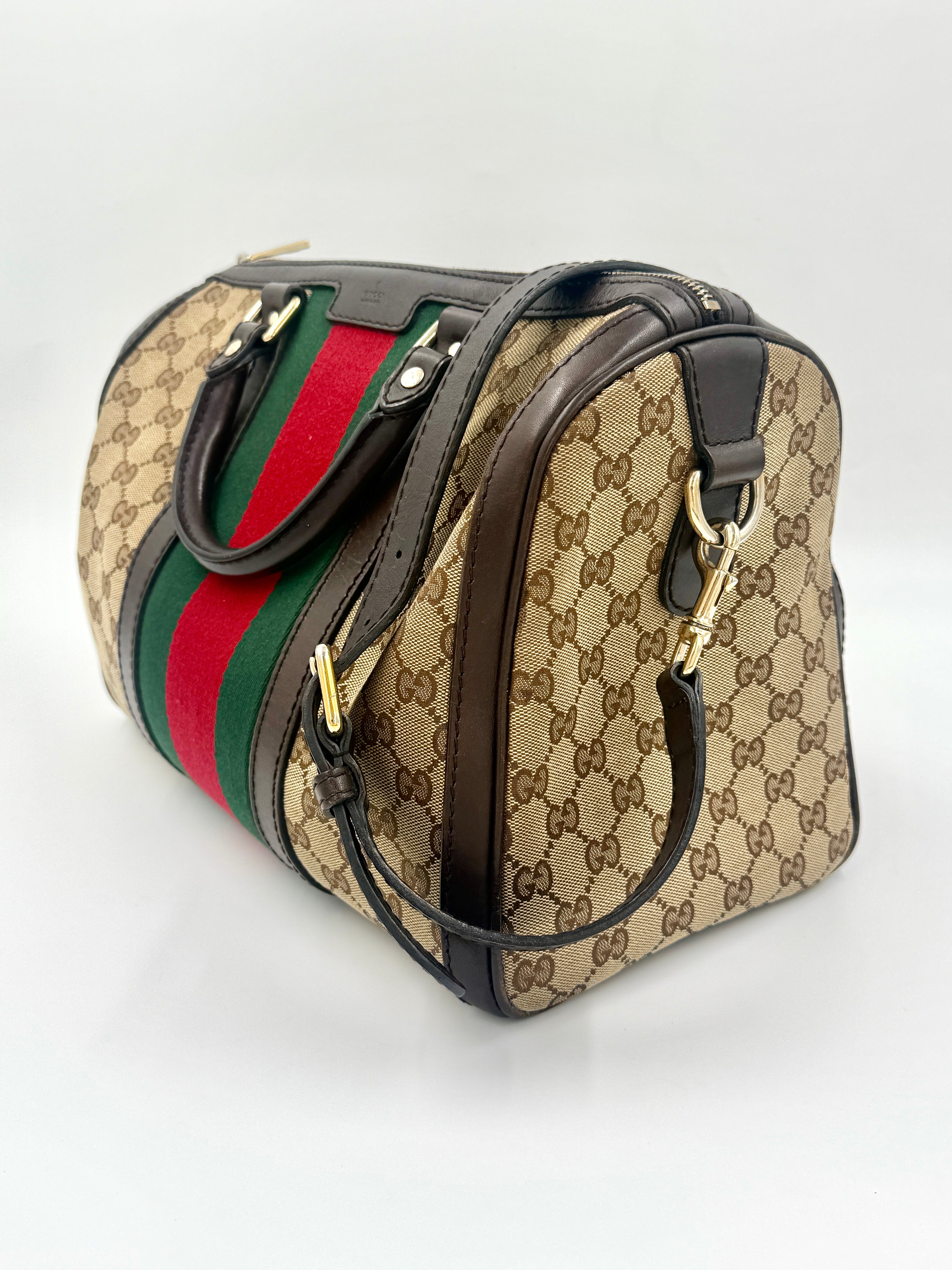 Pre-Owned Gucci Brown/Beige GG Canvas Medium Vintage Web Boston Bag - Authenticated