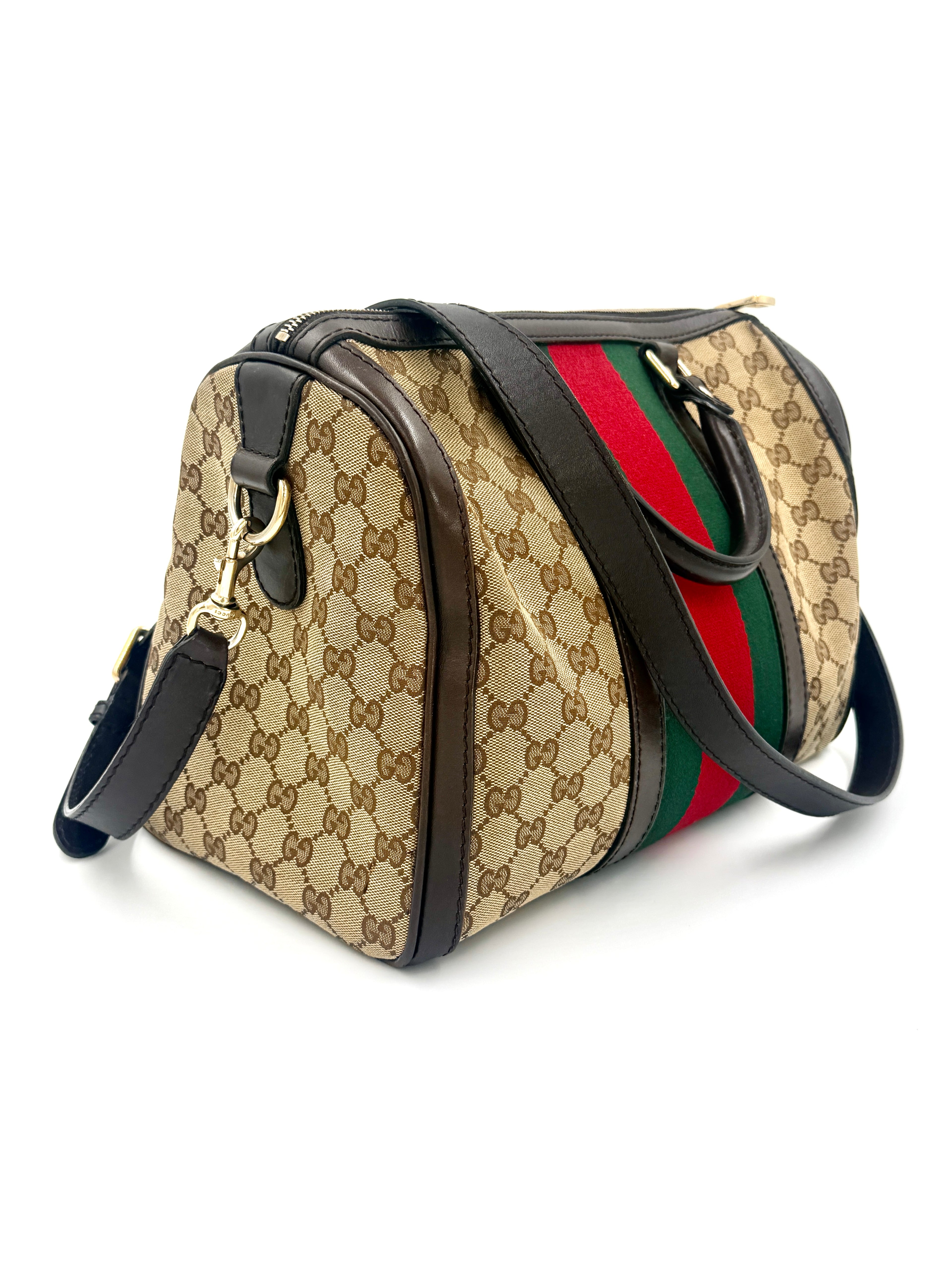 Pre-Owned Gucci Brown/Beige GG Canvas Medium Vintage Web Boston Bag - Authenticated