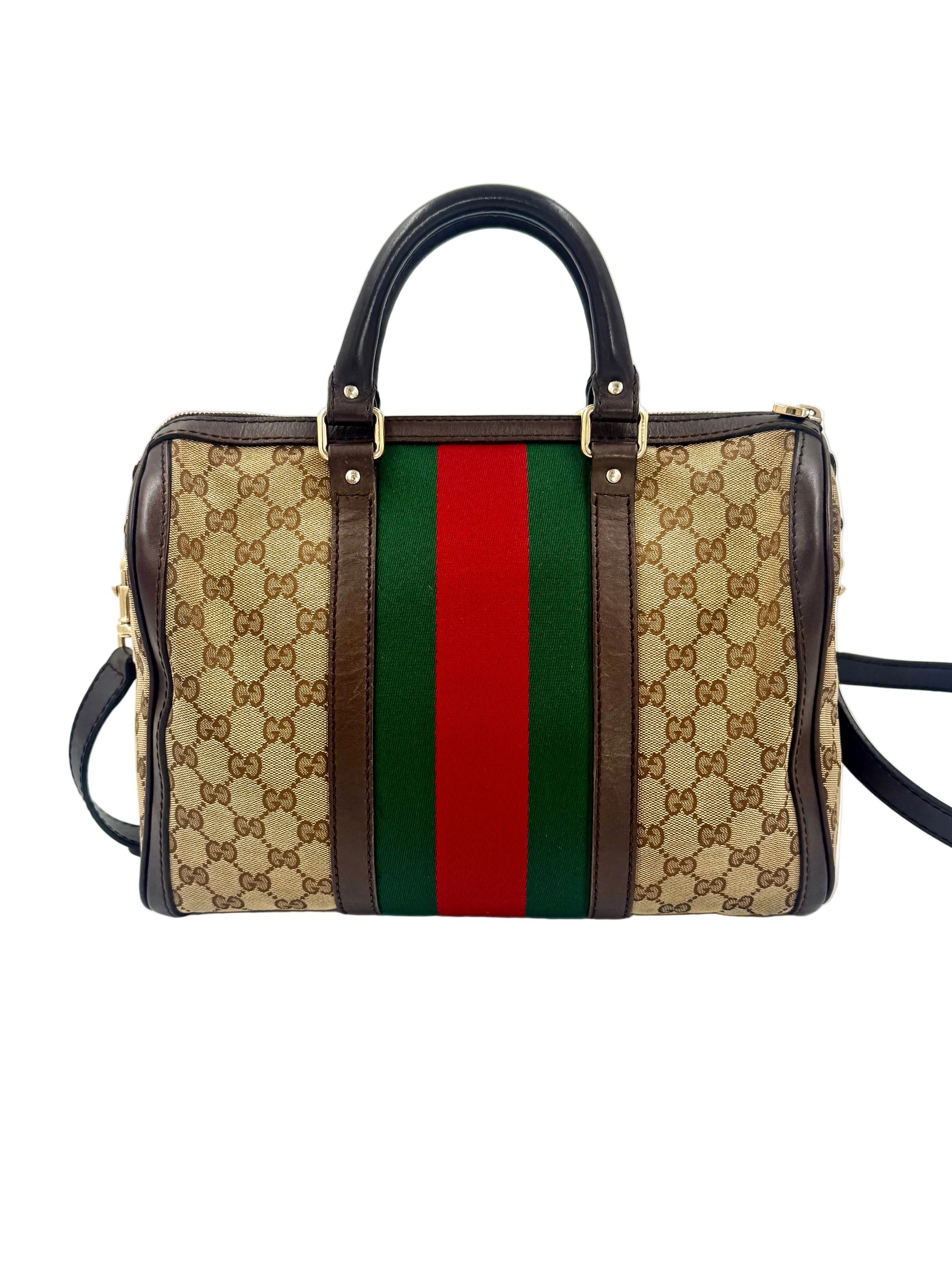 Pre-Owned Gucci Brown/Beige GG Canvas Medium Vintage Web Boston Bag - Authenticated