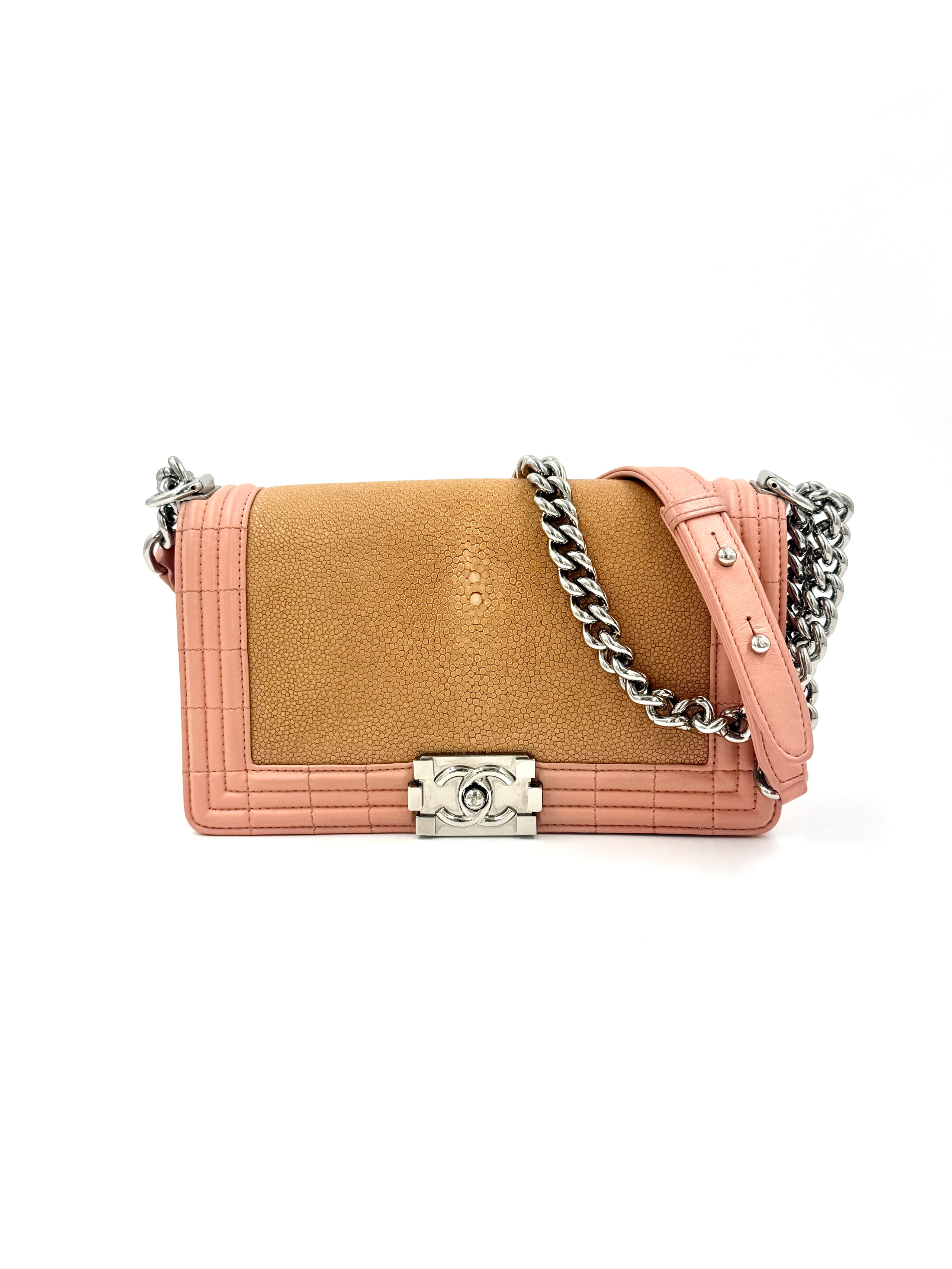 Pre-Owned Chanel Rare Pink and Nude Medium Galuchat Stingray Leather Boy Bag with Chrome Hardware - Authenticated