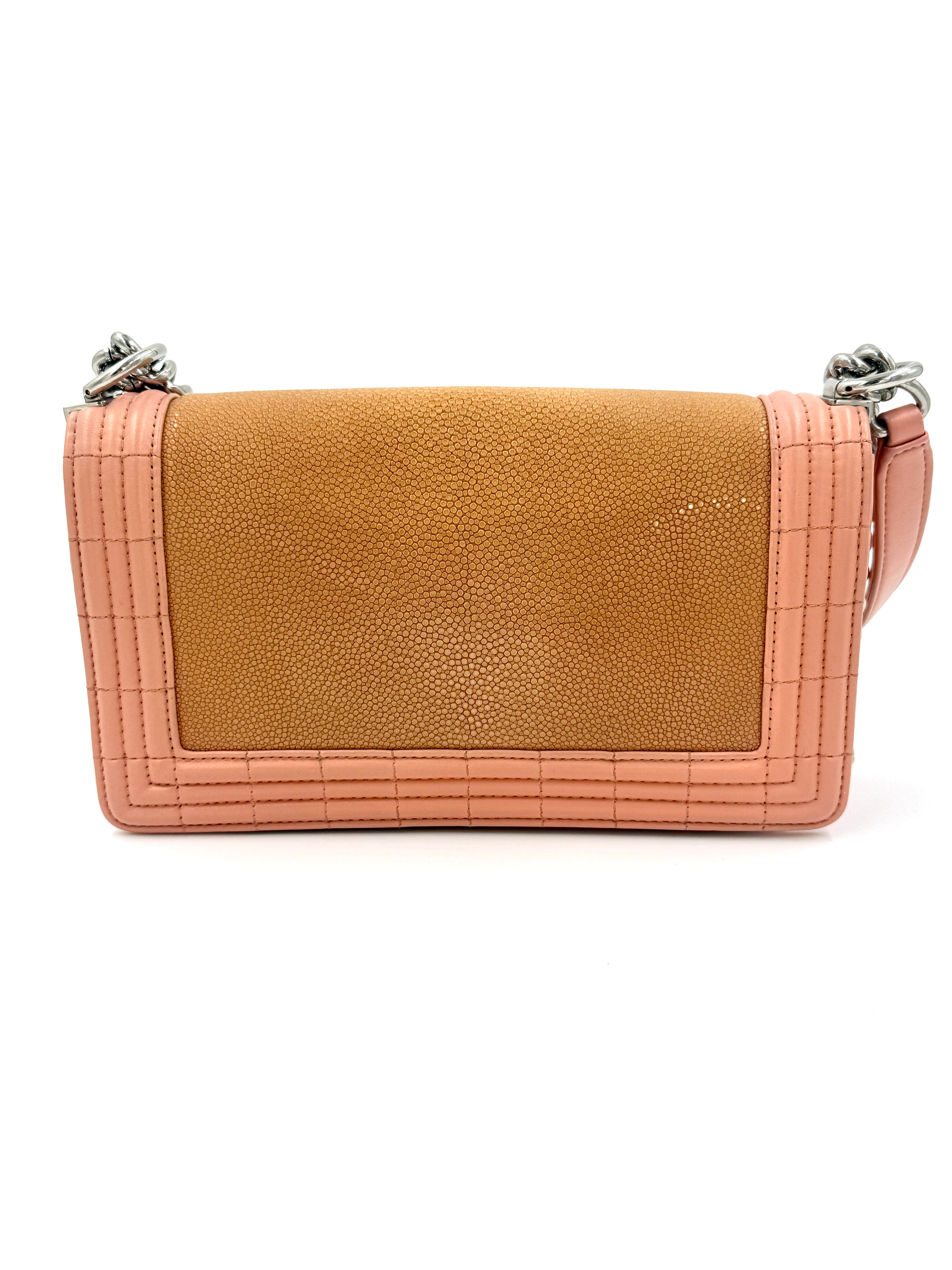 Pre-Owned Chanel Rare Pink and Nude Medium Galuchat Stingray Leather Boy Bag with Chrome Hardware - Authenticated