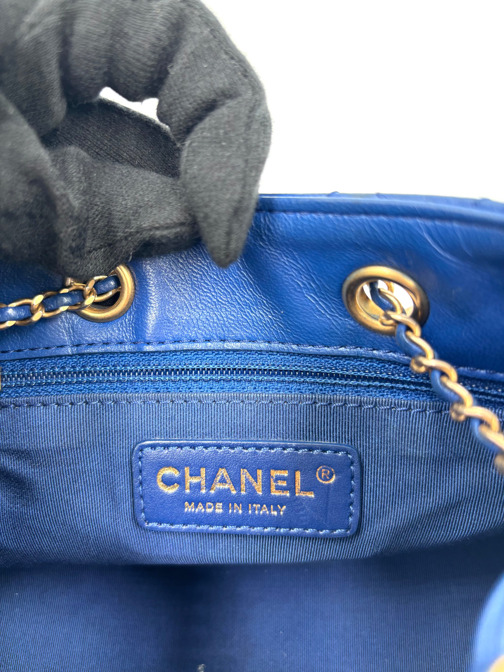 Pre-owned Chanel Blue Stitched Calfskin Egyptian Amulet Drawstring Bucket Bag - Authenticated