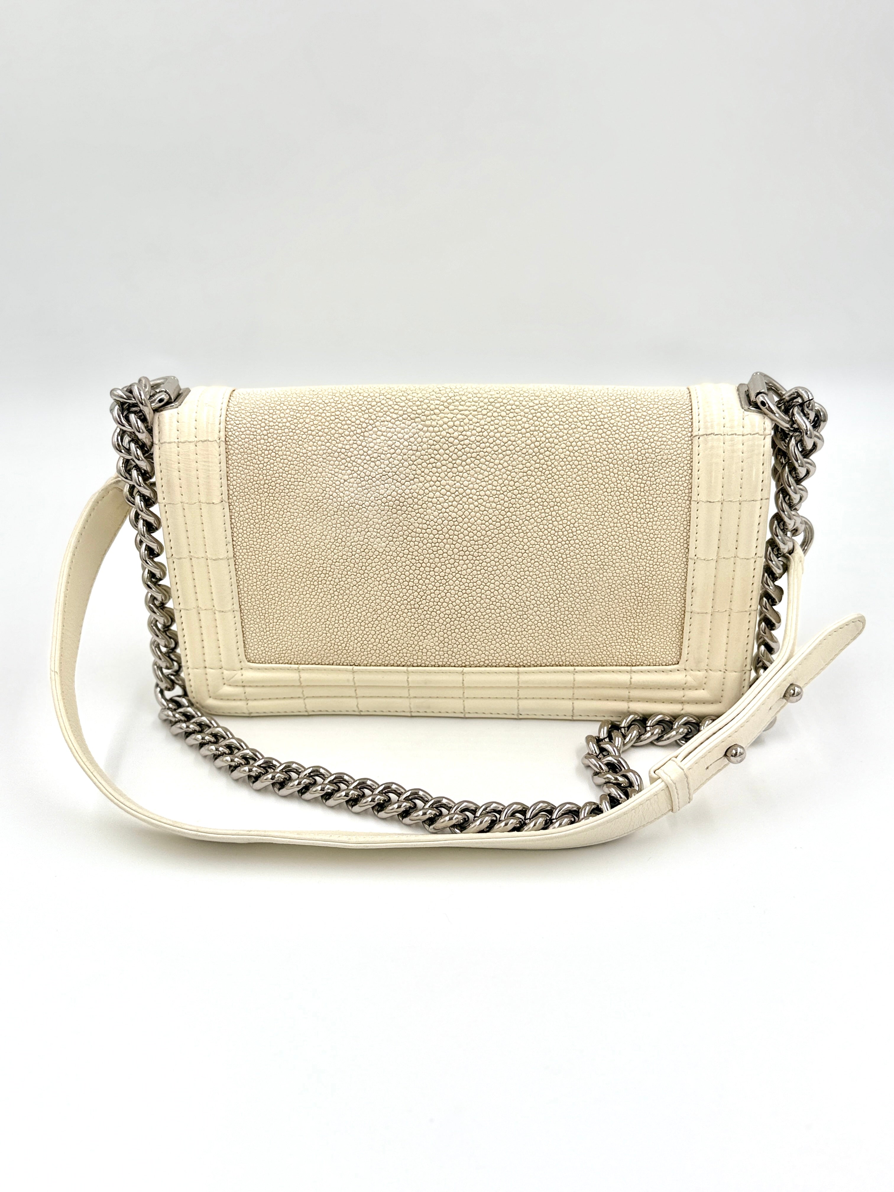 Pre-Owned Chanel Ivory Stingray Galuchat Medium Boy Bag Series 16 2012 - Karl Lagerfeld - Authenticated