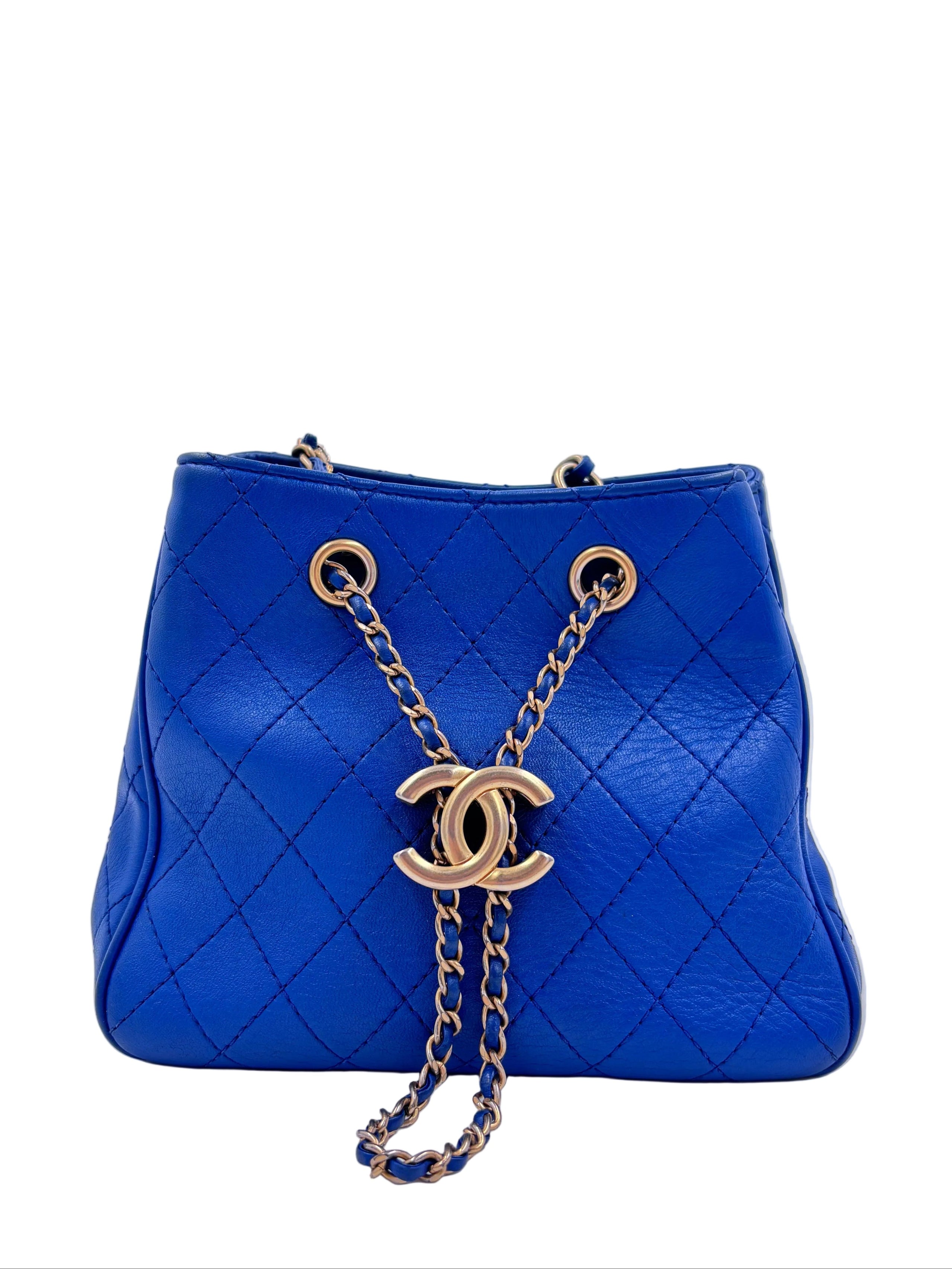 Pre-owned Chanel Blue Stitched Calfskin Egyptian Amulet Drawstring Bucket Bag - Authenticated