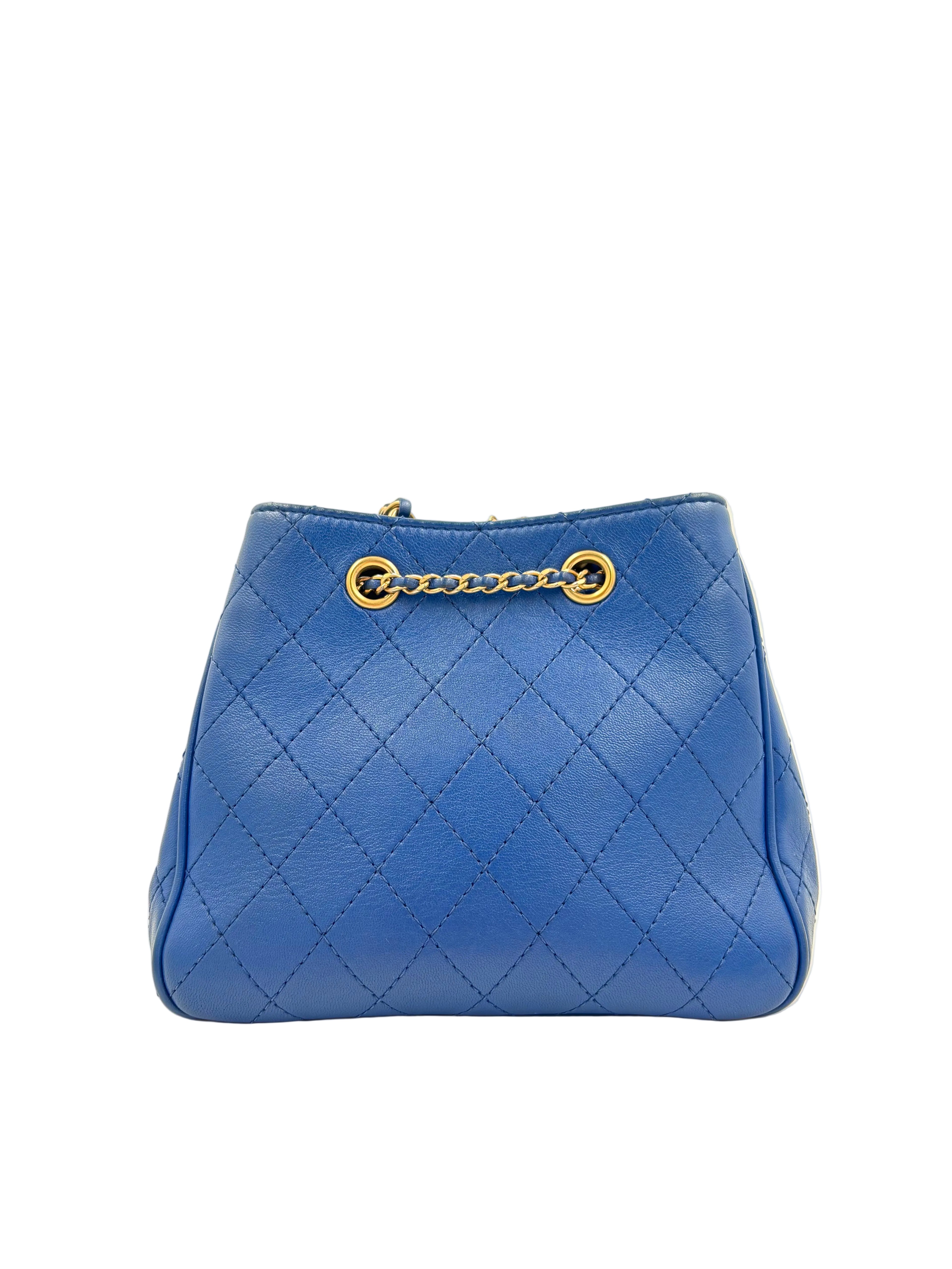 Pre-owned Chanel Blue Stitched Calfskin Egyptian Amulet Drawstring Bucket Bag - Authenticated