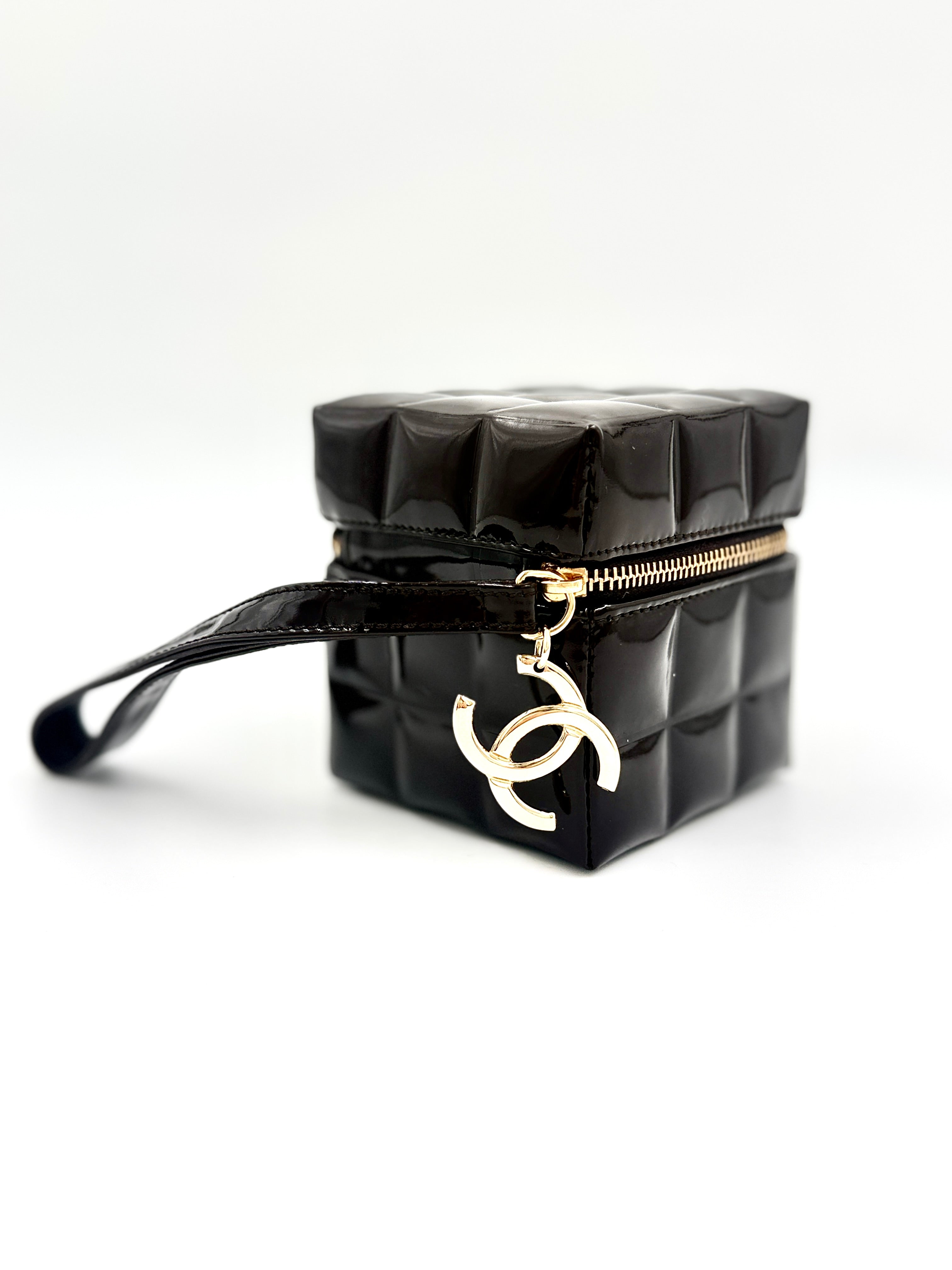 Pre-Owned Chanel Chocolate Bar Brown Patent Leather Cube Wristlet, Rare Collectible - Authenticated