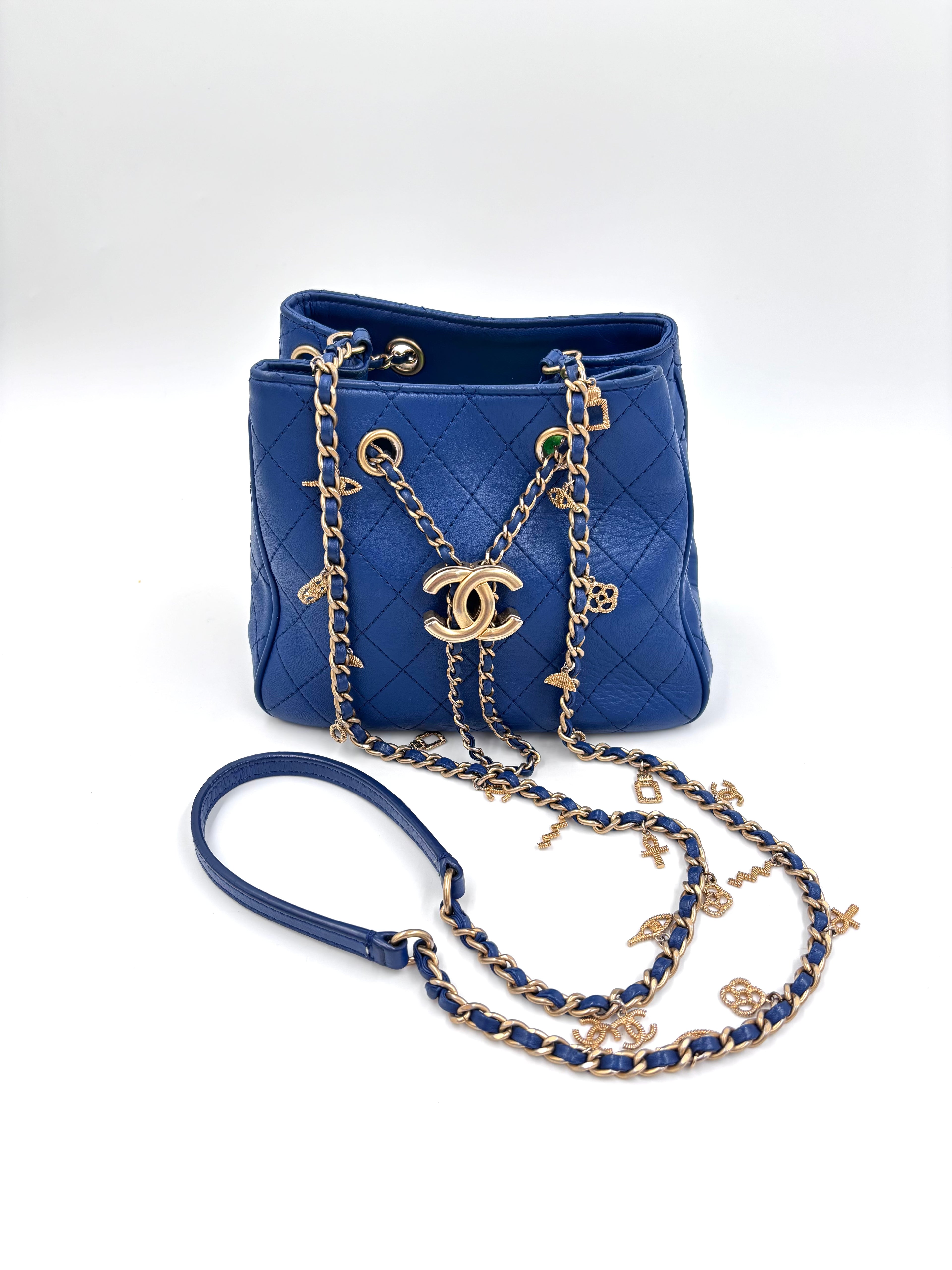 Pre-owned Chanel Blue Stitched Calfskin Egyptian Amulet Drawstring Bucket Bag - Authenticated