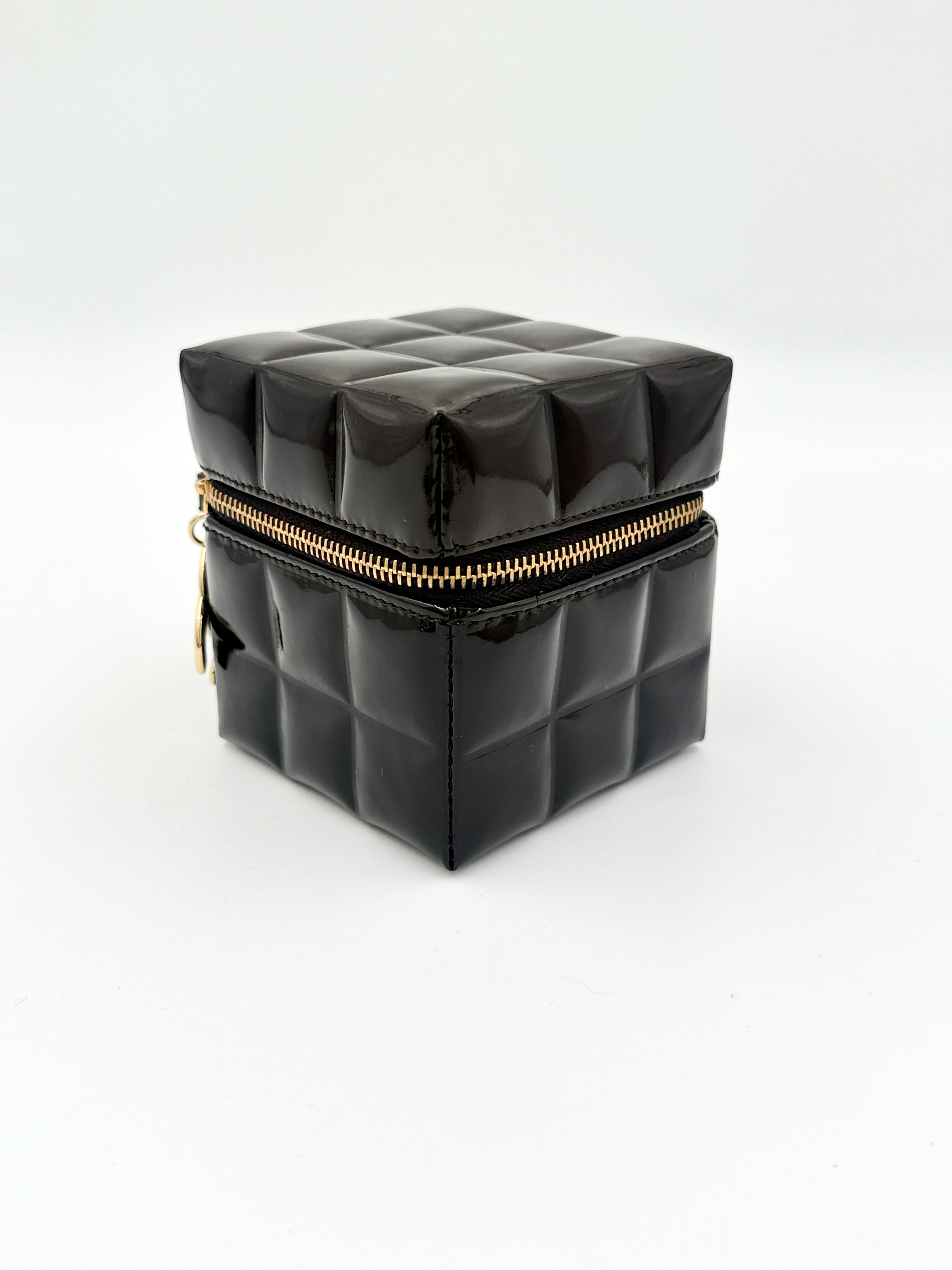 Pre-Owned Chanel Chocolate Bar Brown Patent Leather Cube Wristlet, Rare Collectible - Authenticated