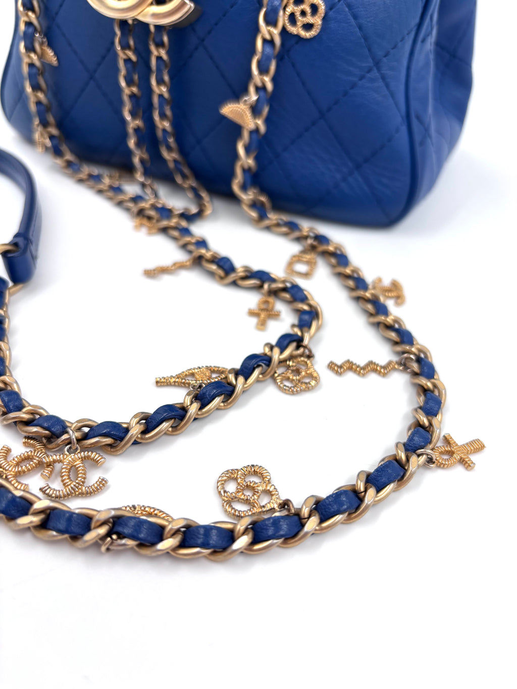 Pre-owned Chanel Blue Stitched Calfskin Egyptian Amulet Drawstring Bucket Bag - Authenticated