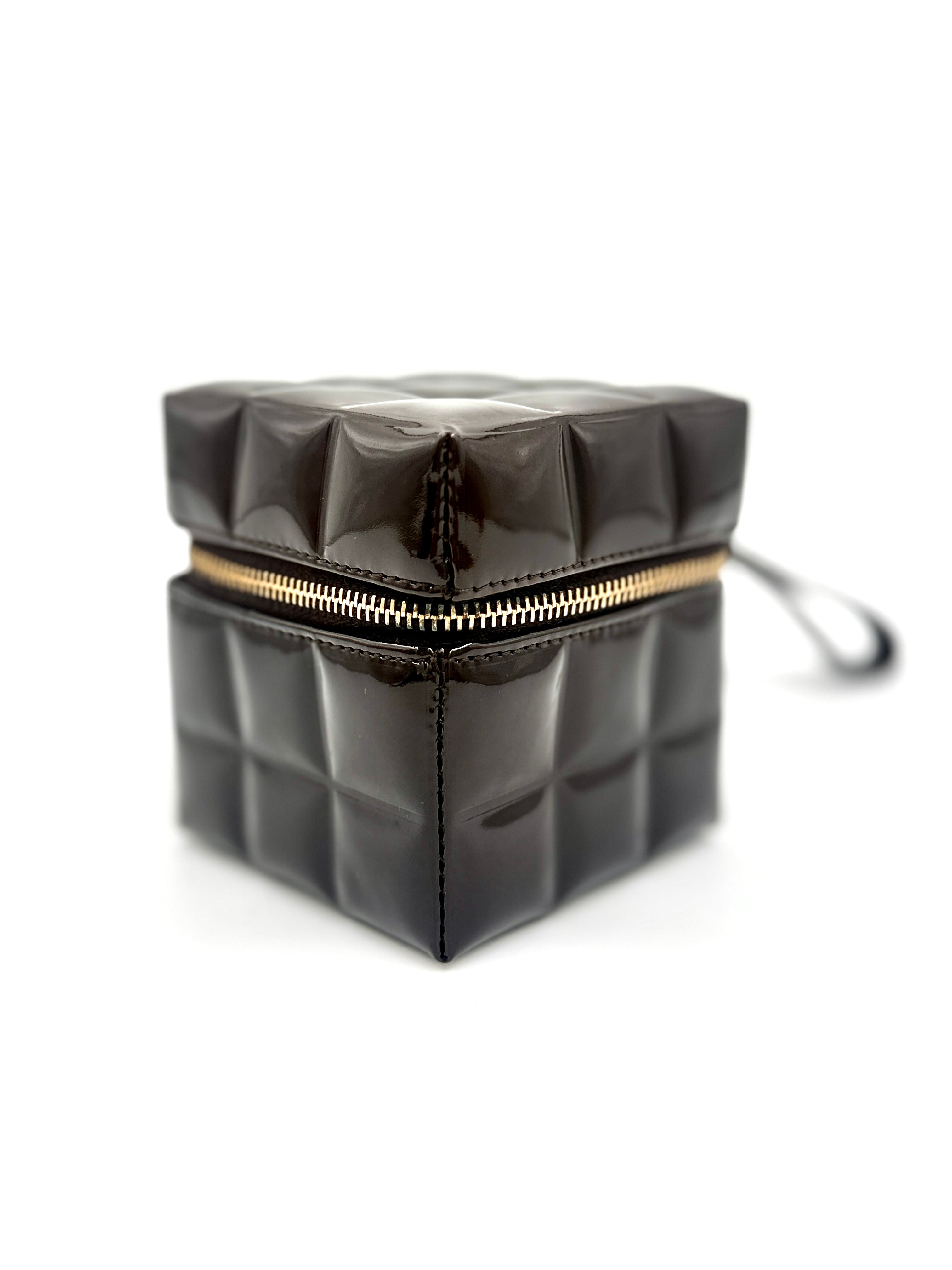 Pre-Owned Chanel Chocolate Bar Brown Patent Leather Cube Wristlet, Rare Collectible - Authenticated
