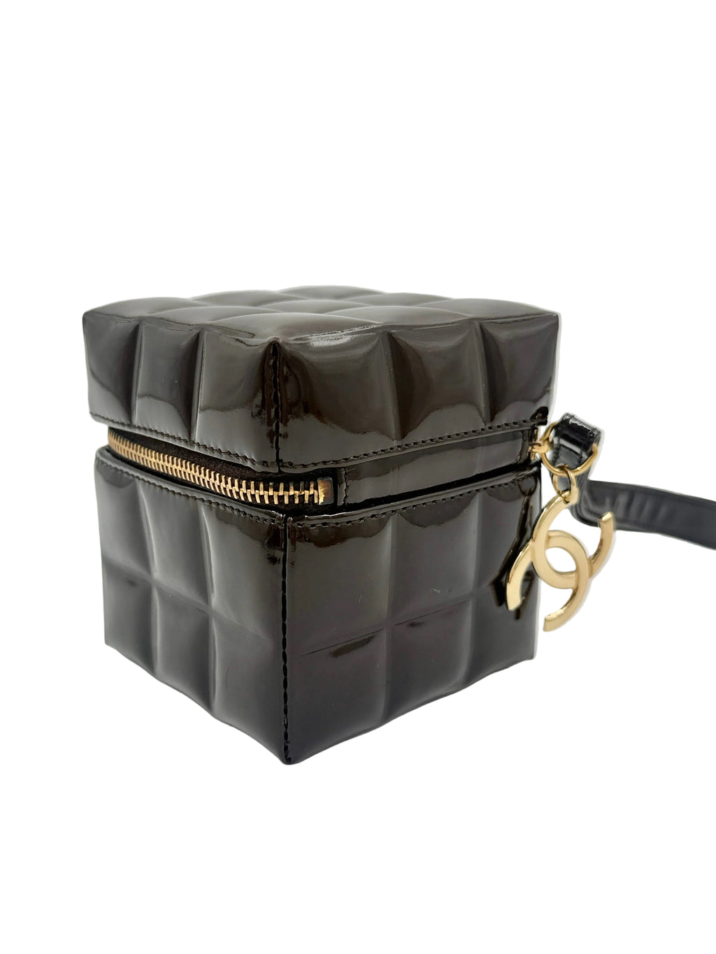 Pre-Owned Chanel Chocolate Bar Brown Patent Leather Cube Wristlet, Rare Collectible - Authenticated