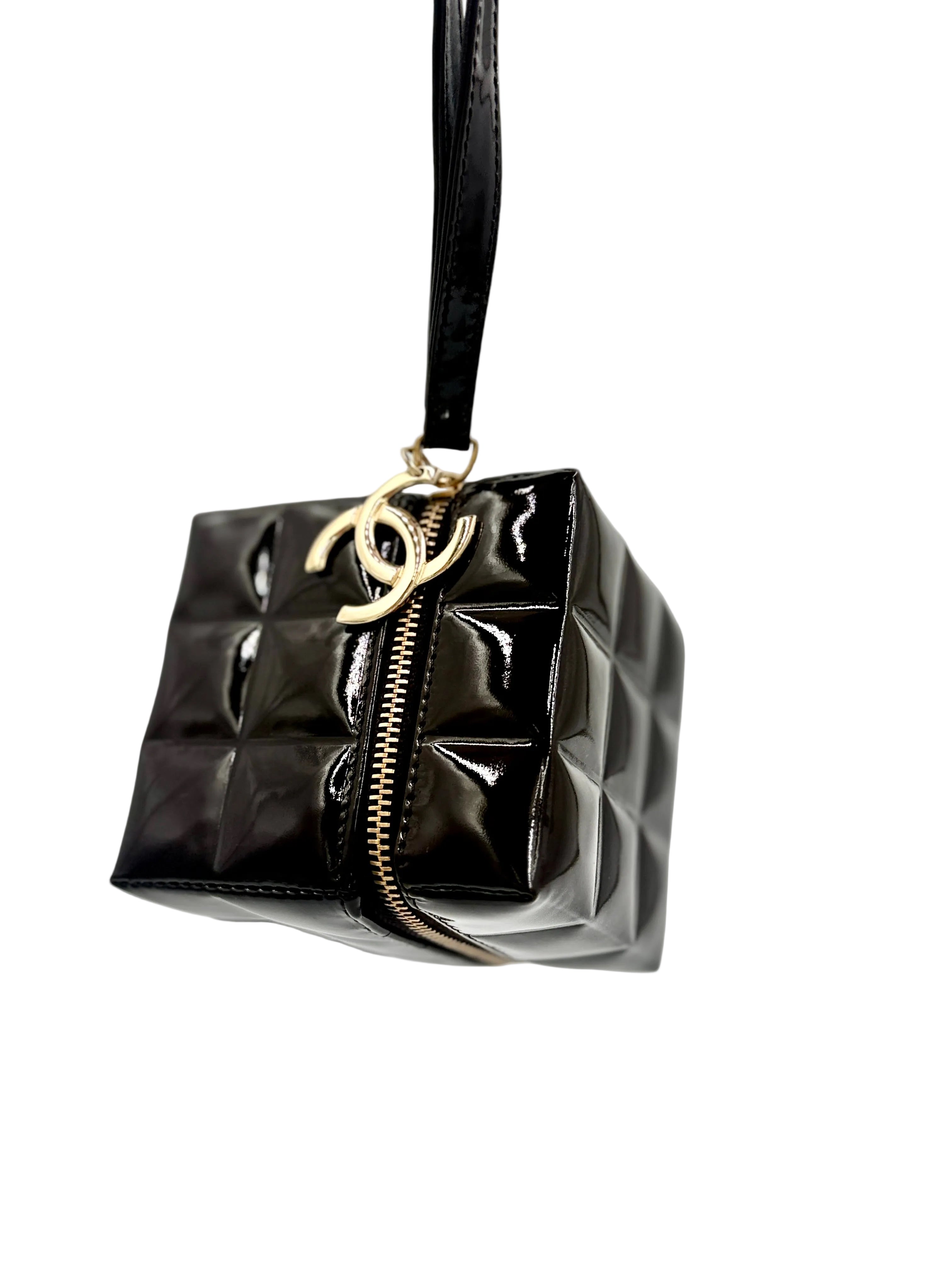 Pre-Owned Chanel Chocolate Bar Brown Patent Leather Cube Wristlet, Rare Collectible - Authenticated