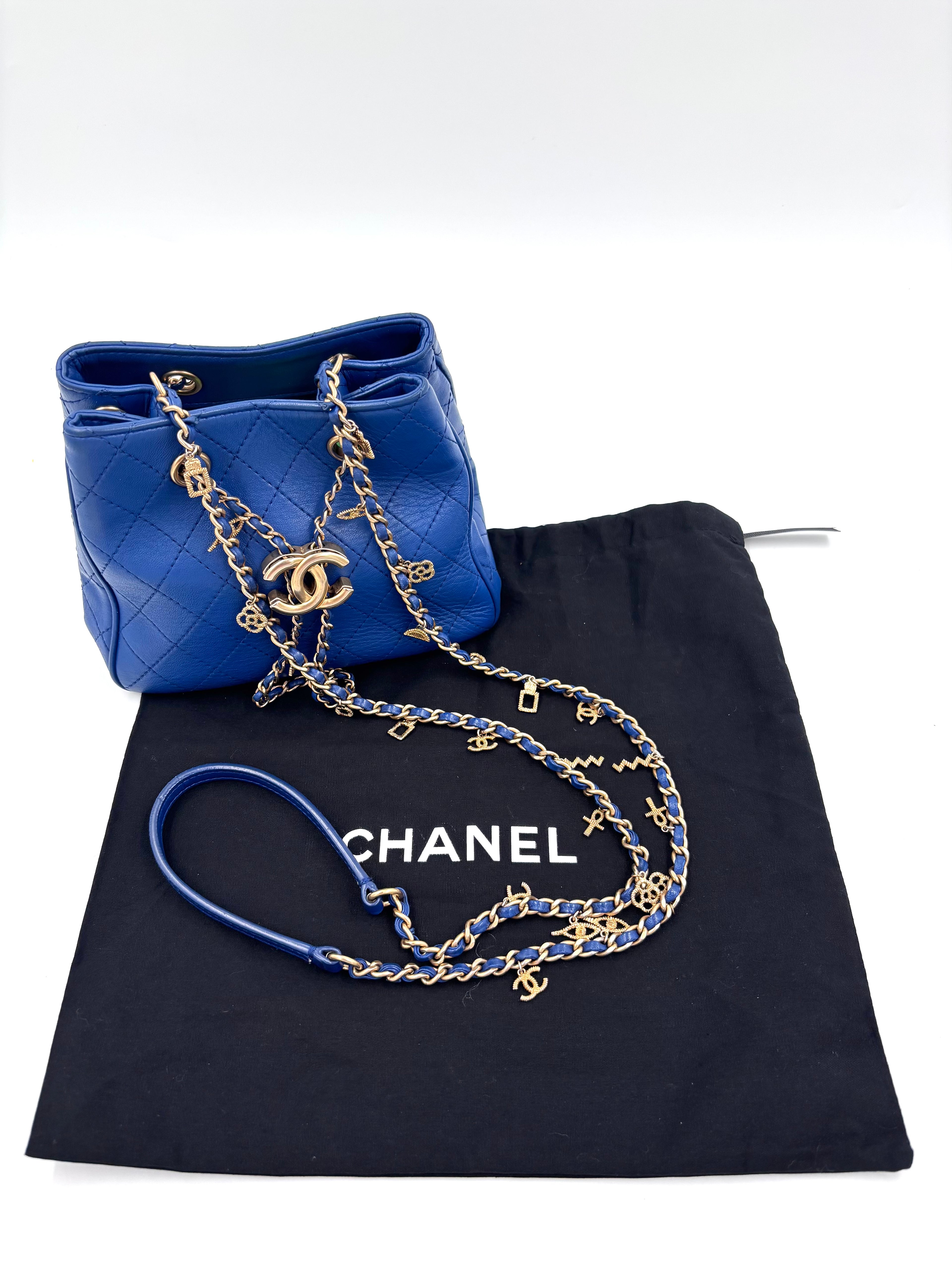 Pre-owned Chanel Blue Stitched Calfskin Egyptian Amulet Drawstring Bucket Bag - Authenticated