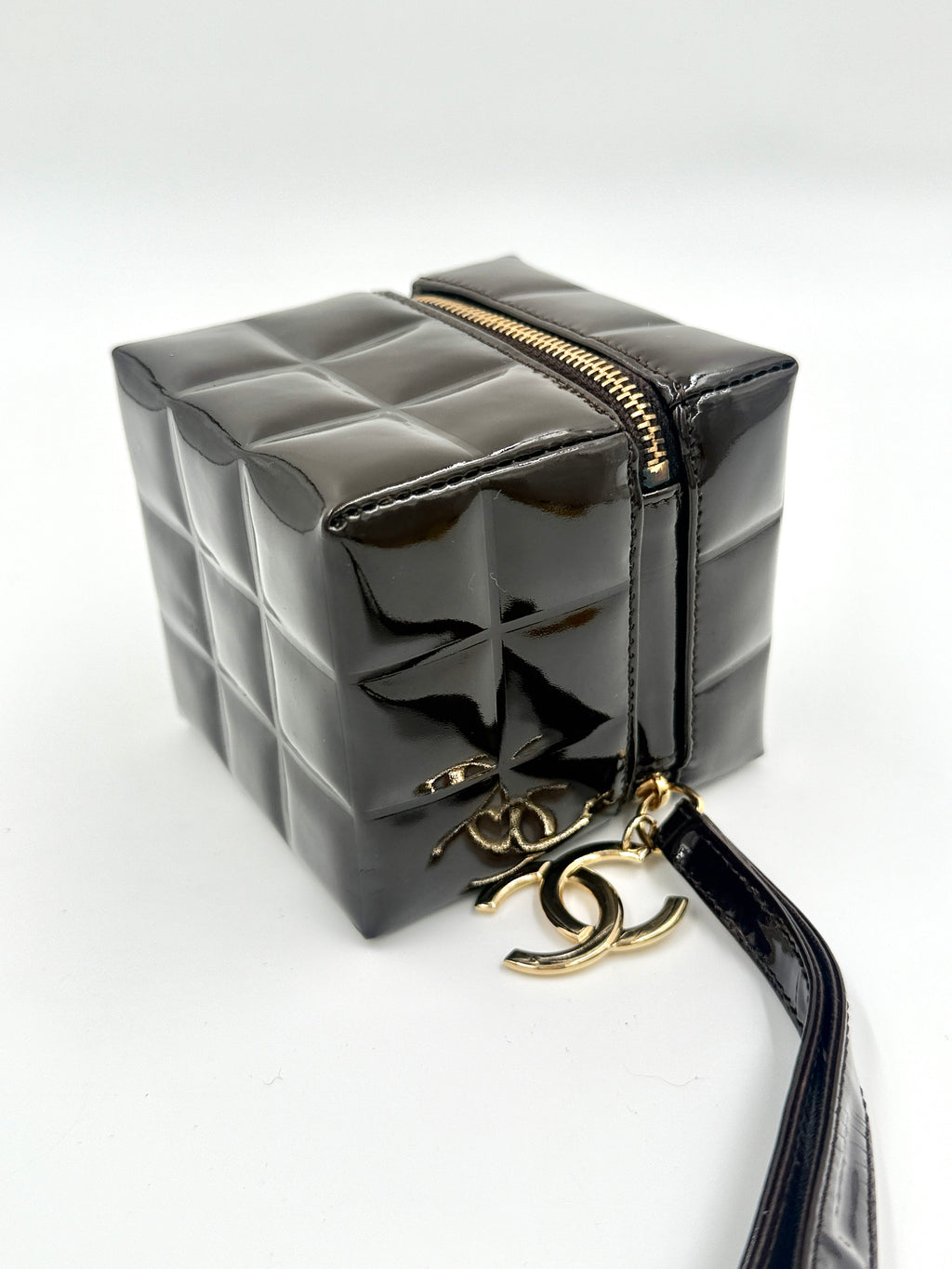 Pre-Owned Chanel Chocolate Bar Brown Patent Leather Cube Wristlet, Rare Collectible - Authenticated