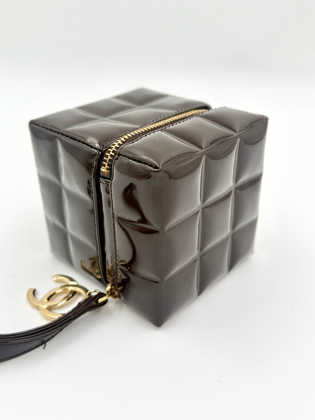 Pre-Owned Chanel Chocolate Bar Brown Patent Leather Cube Wristlet, Rare Collectible - Authenticated
