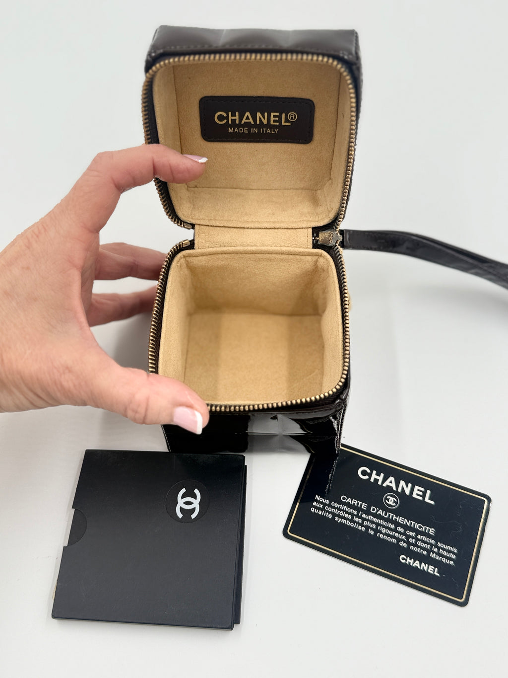 Pre-Owned Chanel Chocolate Bar Brown Patent Leather Cube Wristlet, Rare Collectible - Authenticated