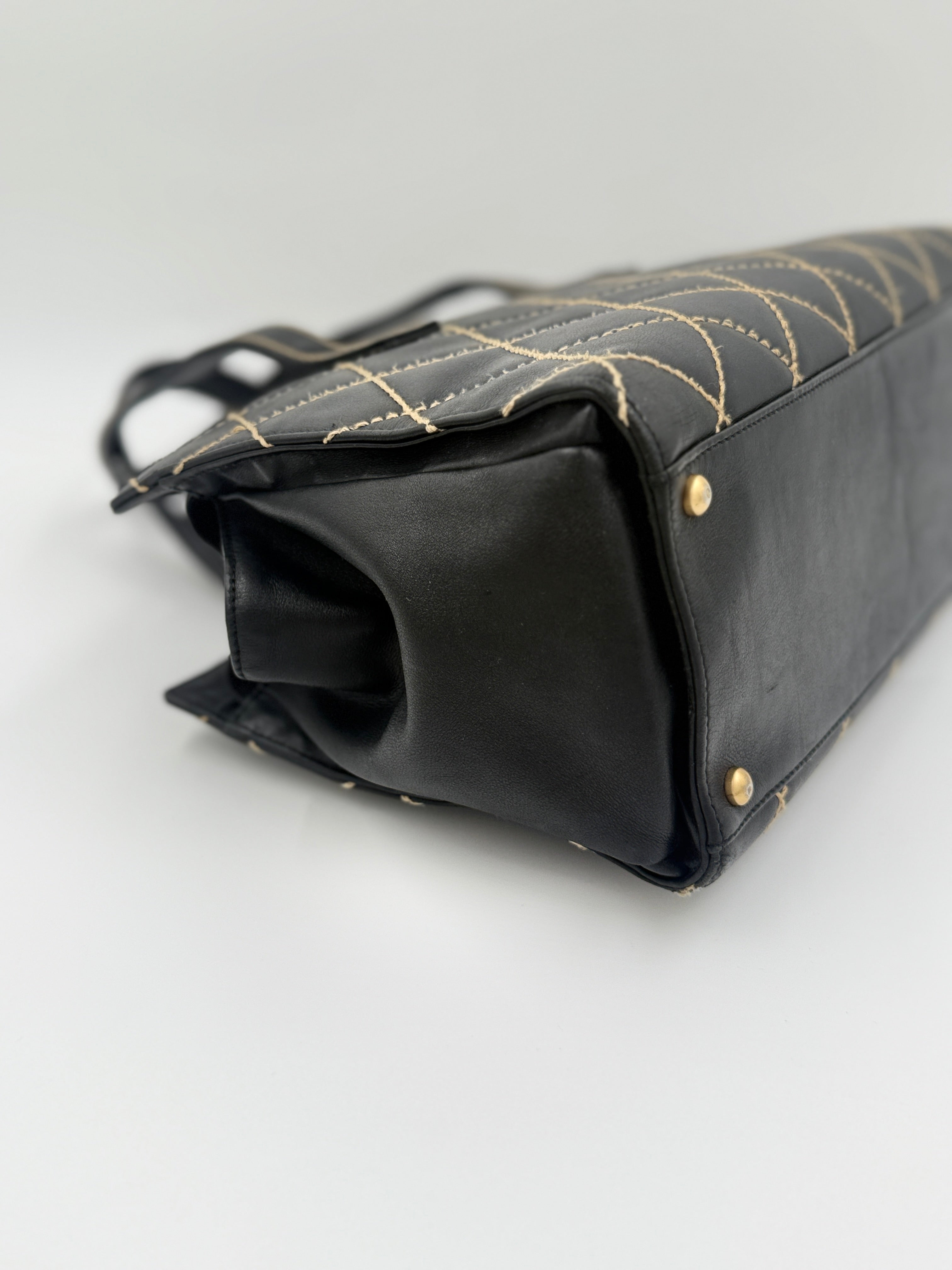 Pre-Owned Chanel Black Calfskin Wild Stitch Top Handle Bag - Authenticated