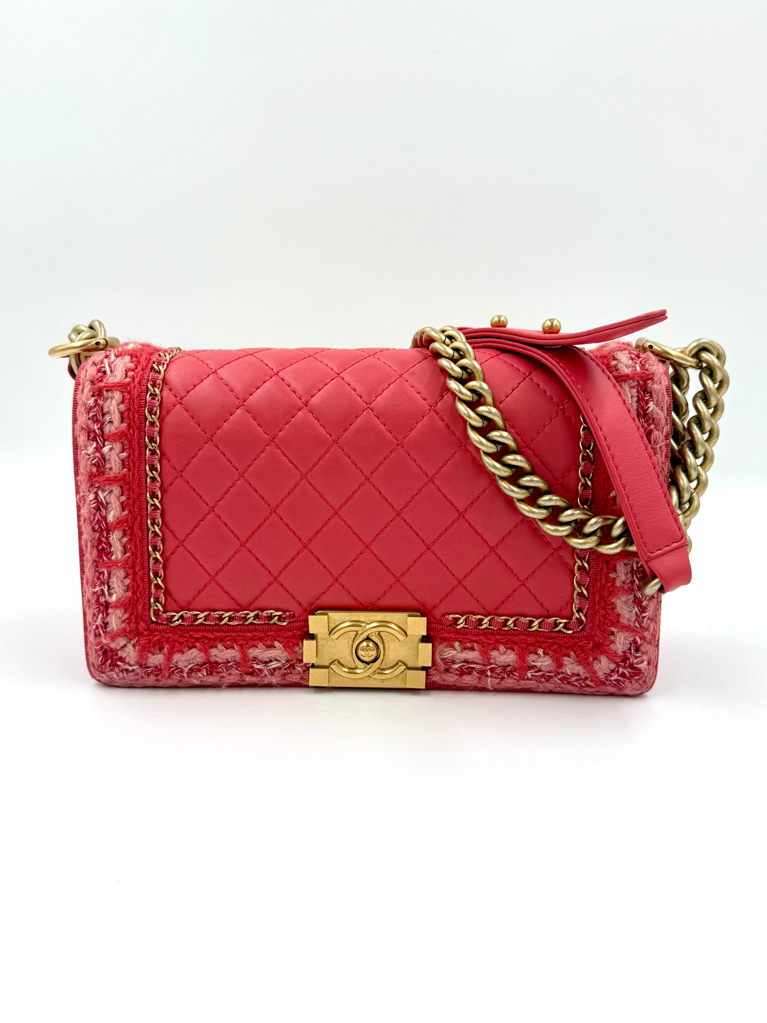 Pre-Owned Chanel Crocheted Tweed Edge Lambskin Medium Boy Bag Coral Pink - Authenticated